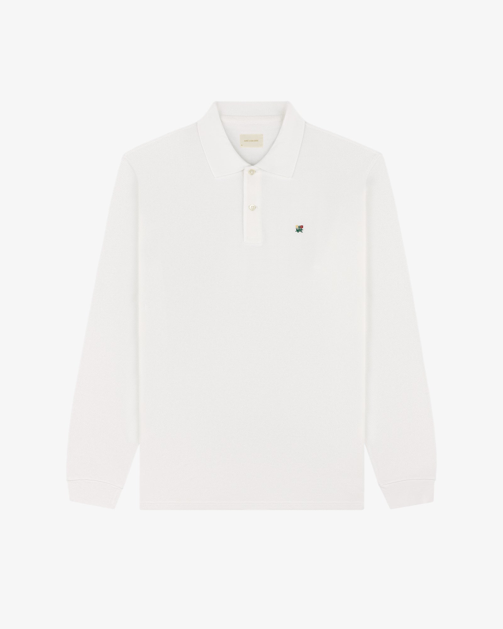 White Long-Sleeve Crest Piqué Polo with collar and small green embroidered logo on the left chest.