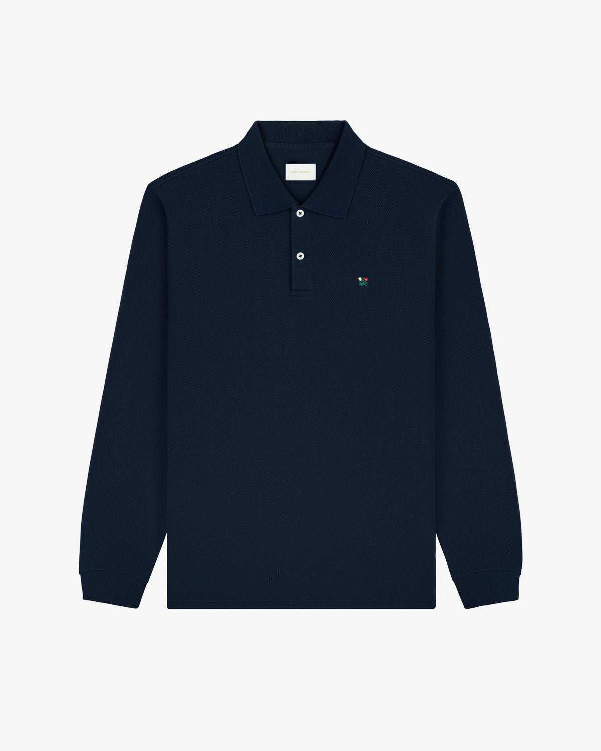 Long-Sleeve Crest Piqué Polo in navy with collar, buttons, and small embroidered chest logo.