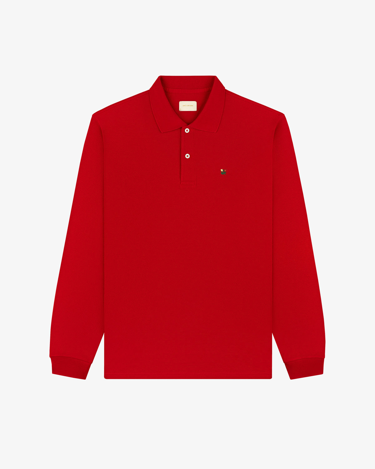 Long-Sleeve Crest Piqué Polo: red, collared, button-up with small chest logo.