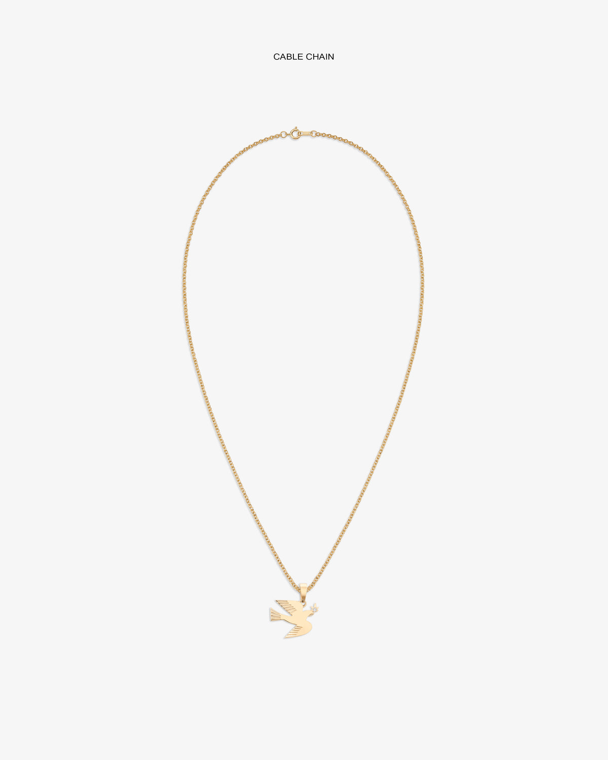 14Kt Gold Dove Pendant necklace on a plain white background.