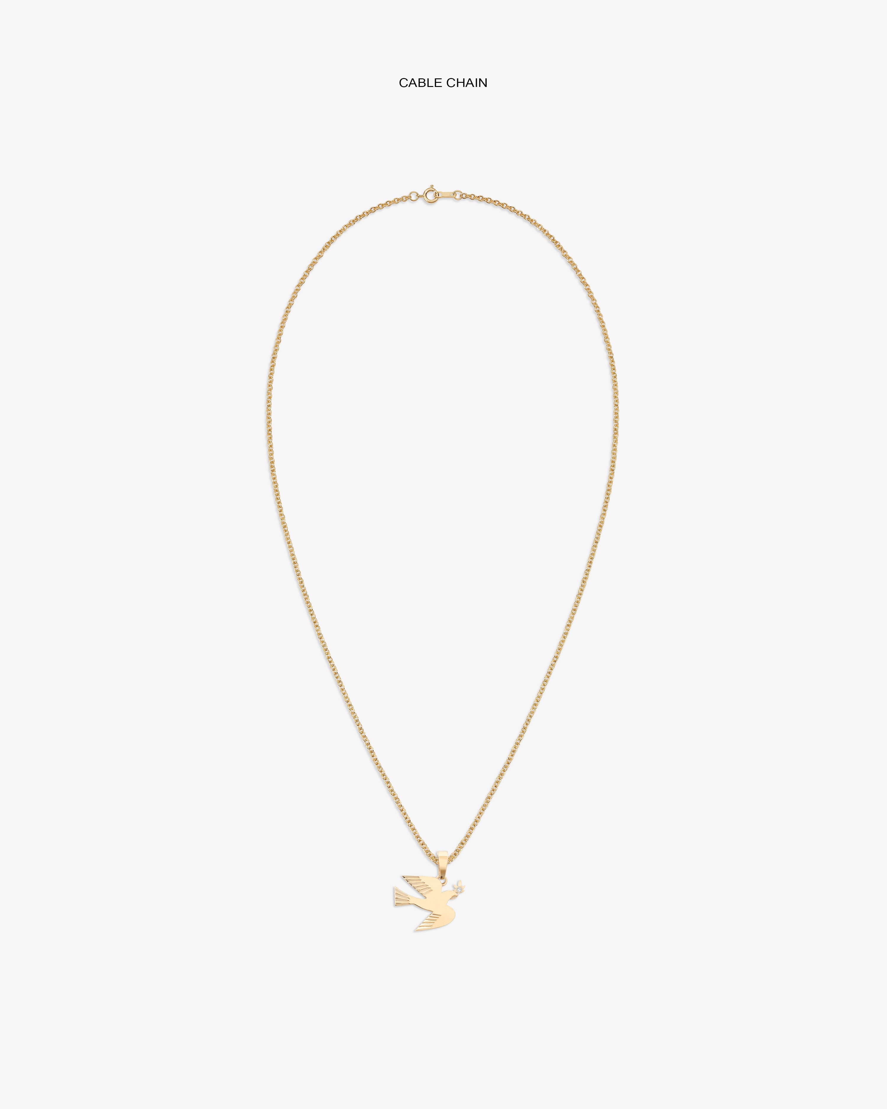 14Kt Gold Dove Pendant necklace on a plain white background.