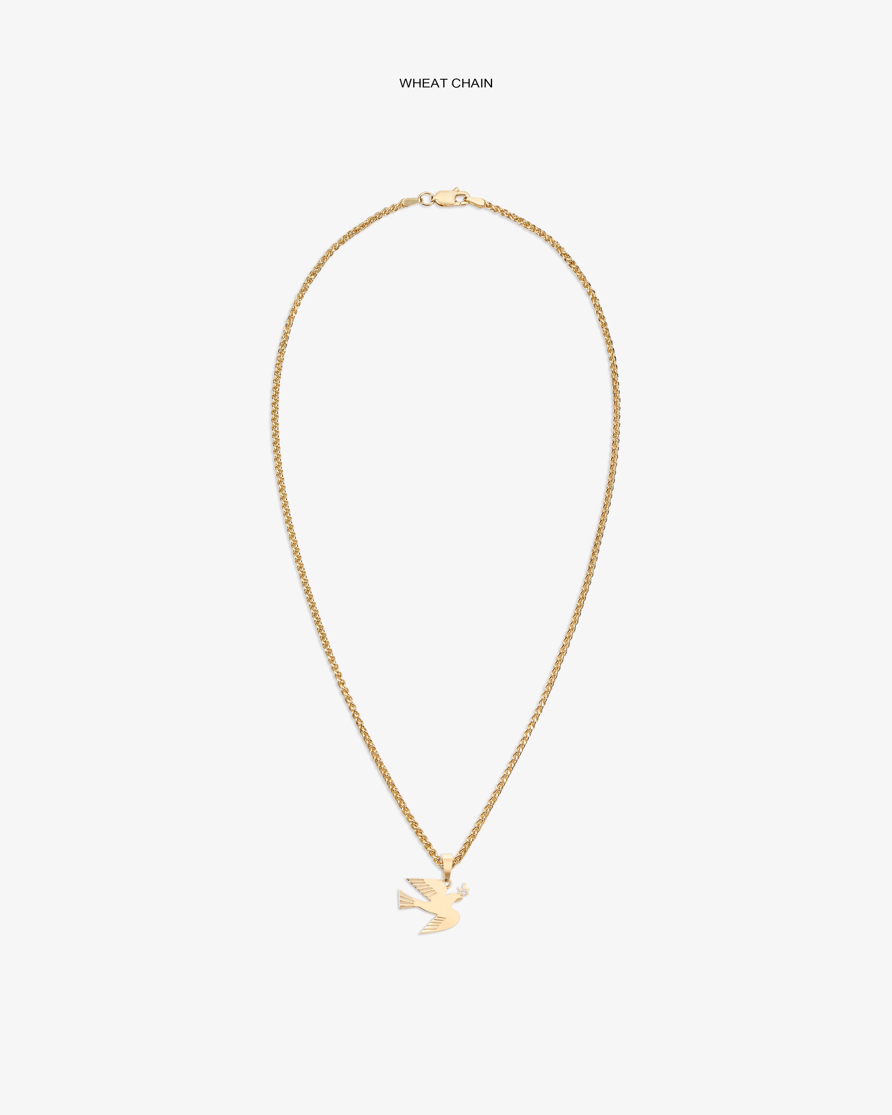 14Kt Gold Dove Pendant on a wheat chain, shown against a plain white background.