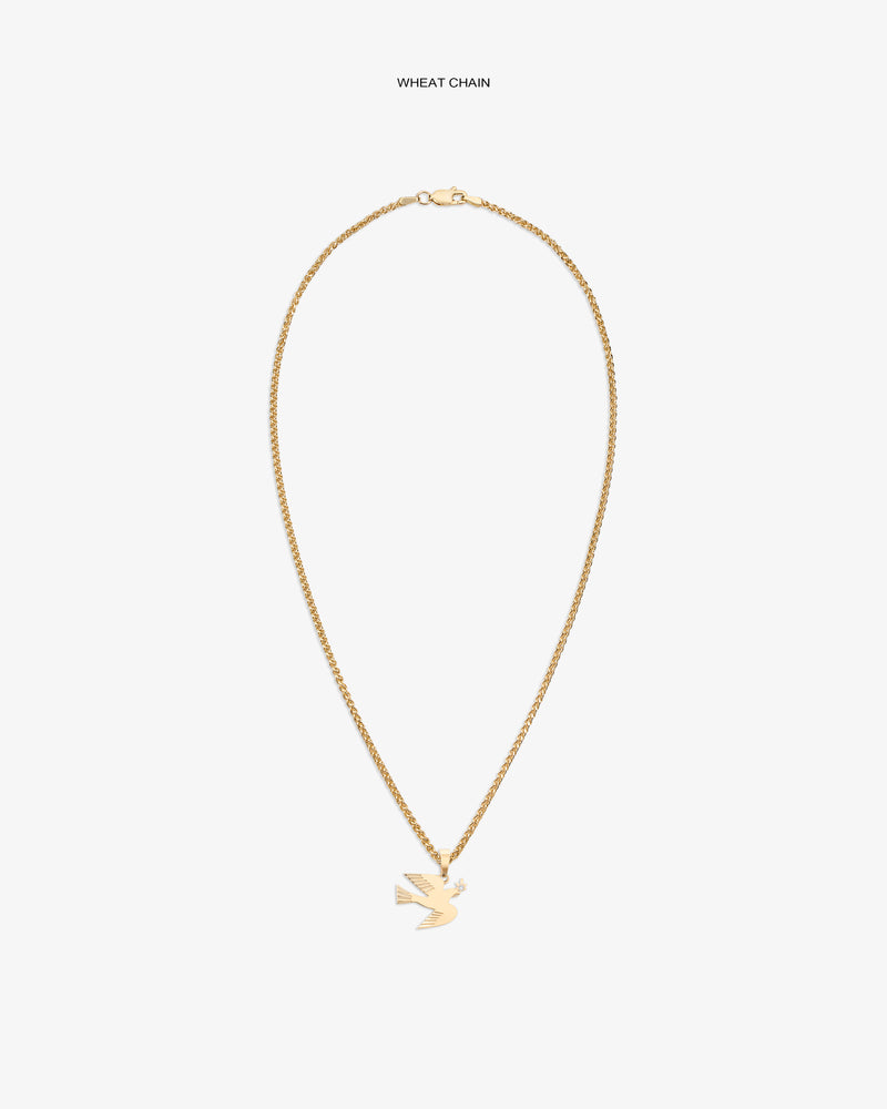 14Kt Gold Dove Pendant on a wheat chain, shown against a plain white background.