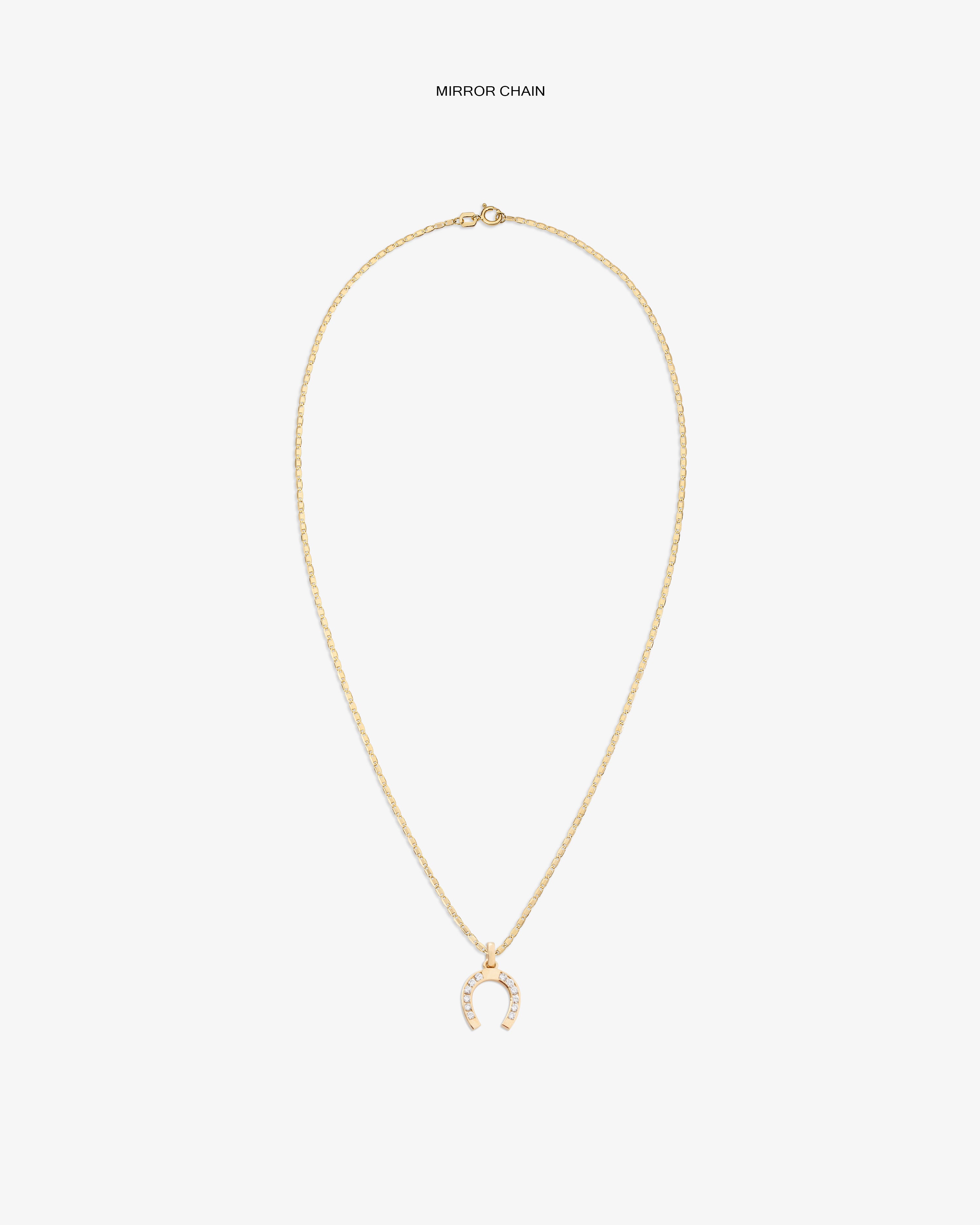Diamond Horseshoe Pendant: gold chain with a horseshoe-shaped charm set with clear stones, shown on white background.