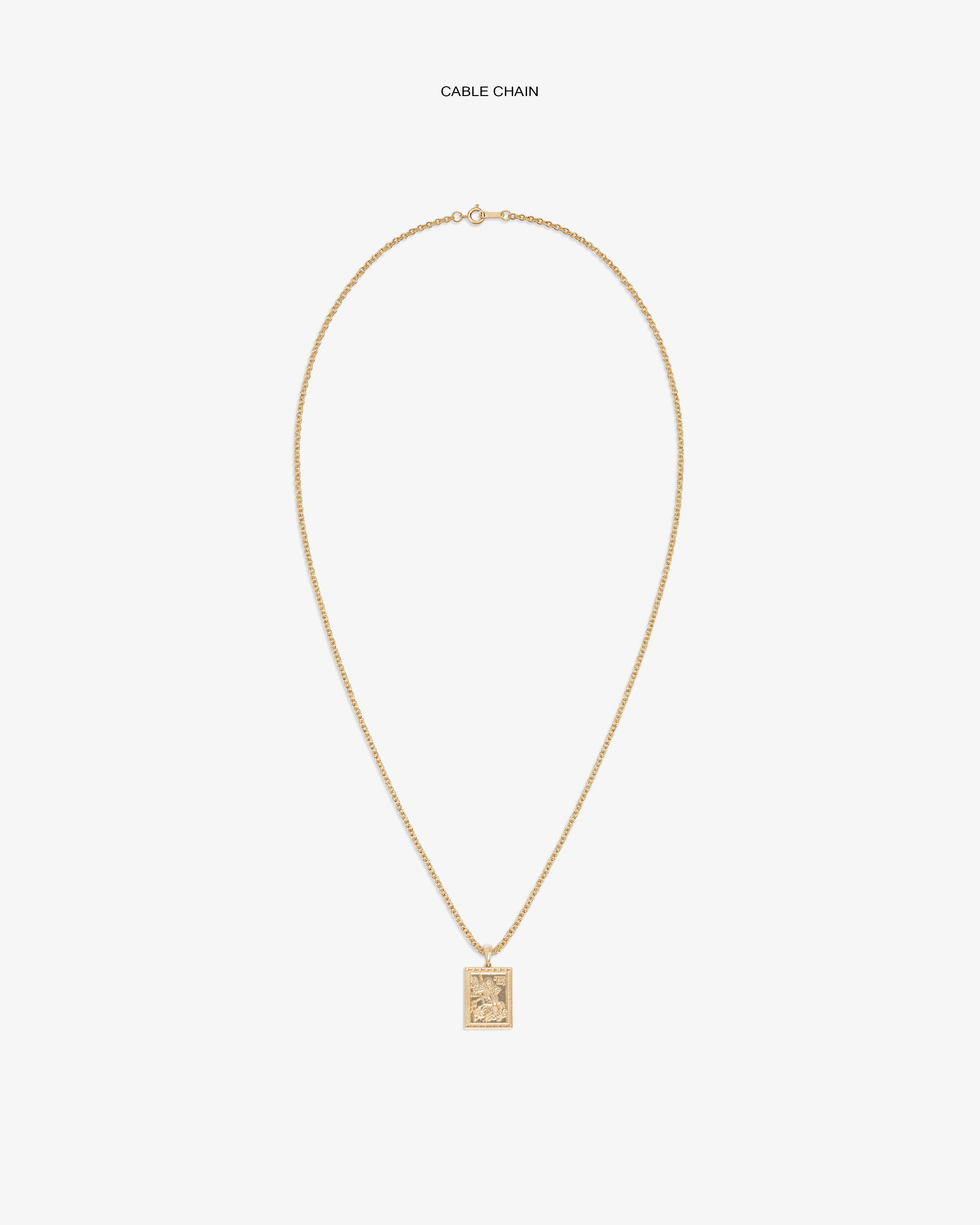 14Kt Gold Saint George Pendant with cable chain, displayed on a white background.