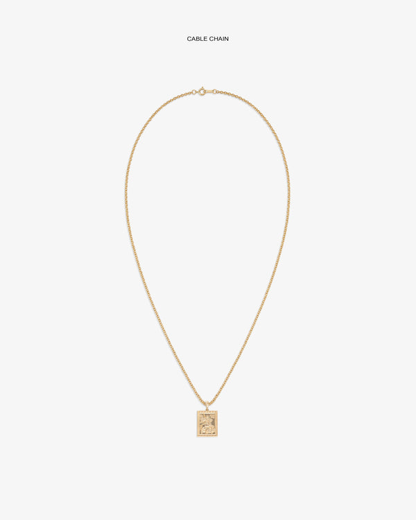 14Kt Gold Saint George Pendant with cable chain, displayed on a white background.