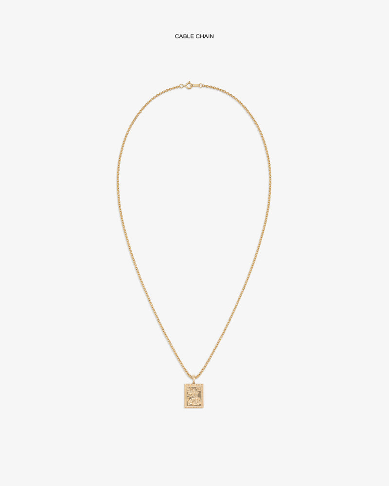 14Kt Gold Saint George Pendant with cable chain, displayed on a white background.