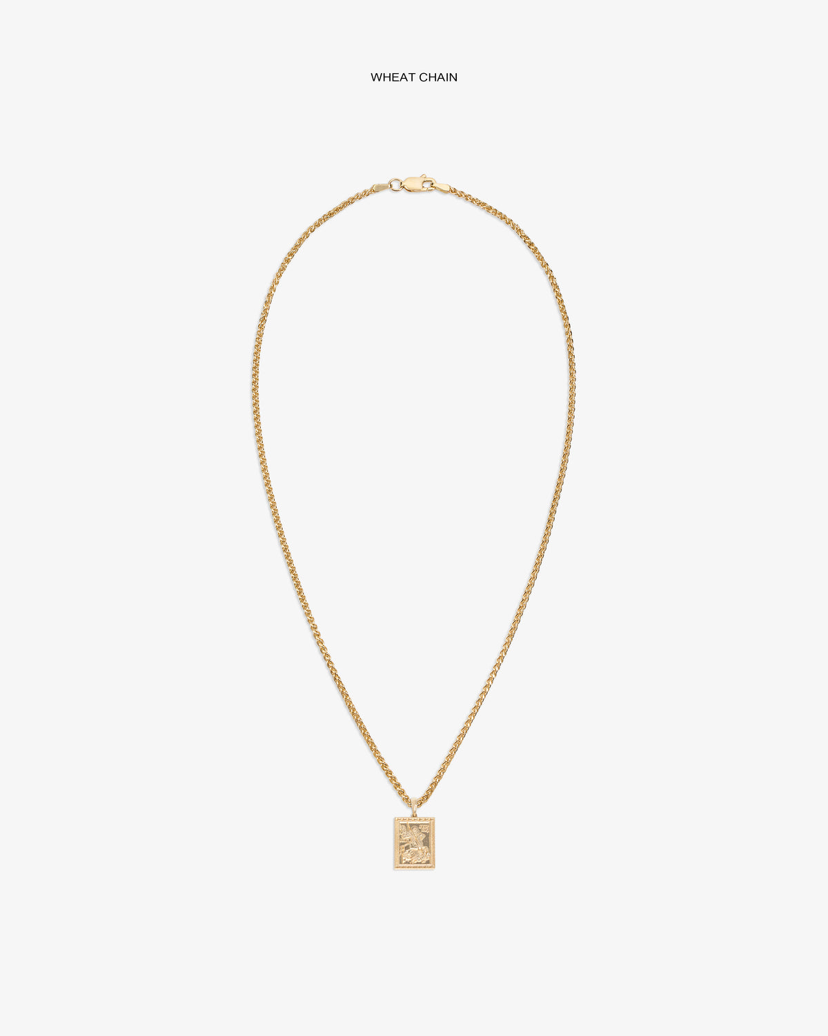 14Kt Gold Saint George Pendant on a wheat chain, featured against a plain white background.