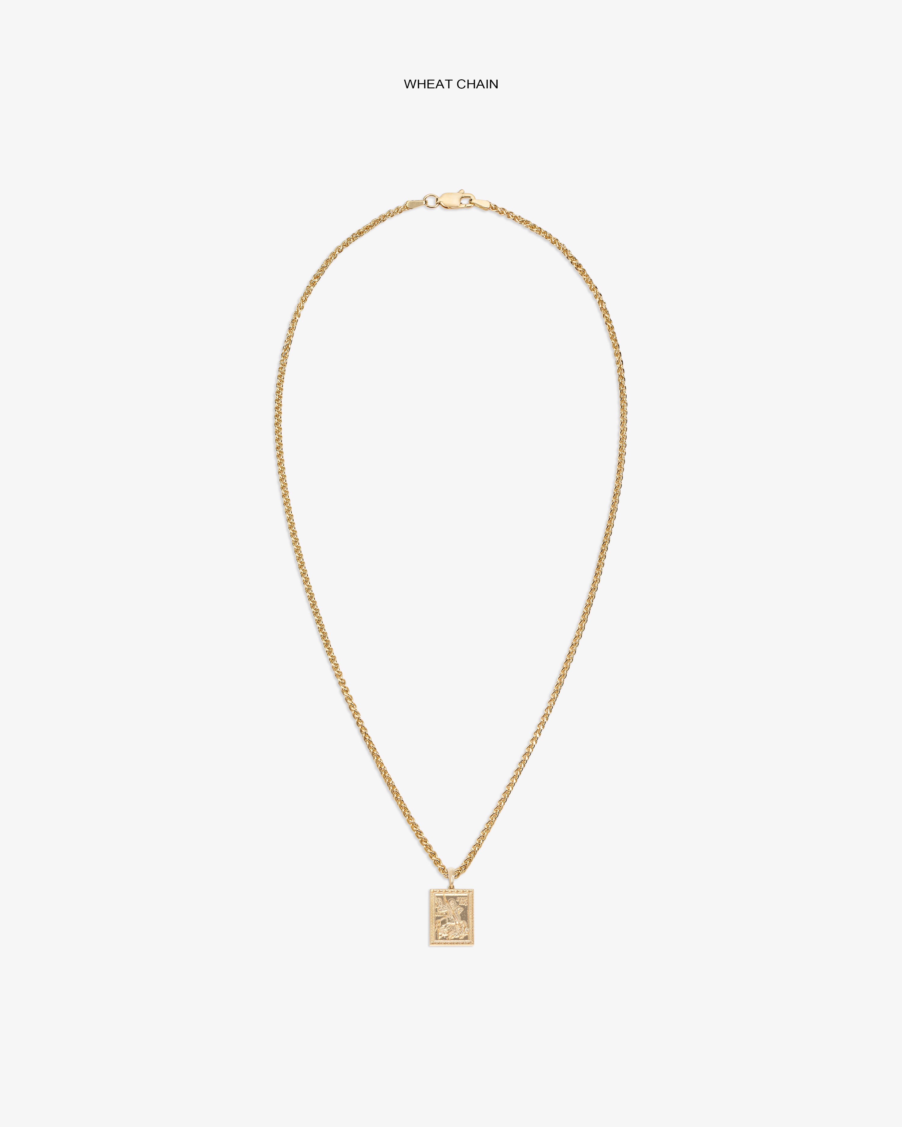 14Kt Gold Saint George Pendant on a wheat chain, featured against a plain white background.