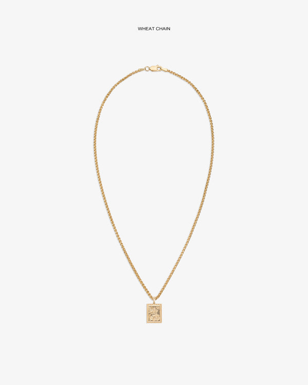 14Kt Gold Saint George Pendant on a wheat chain, featured against a plain white background.