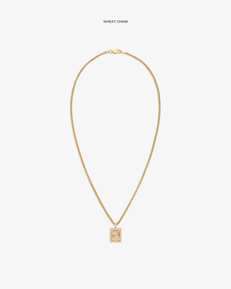 14Kt Gold Saint George Pendant on a wheat chain, featured against a plain white background.