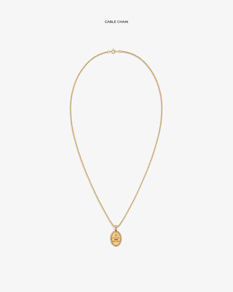 14Kt Gold Love Poem Pendant on a cable chain, featuring an engraved oval design, shown on a white background.