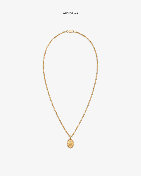 14Kt Gold Love Poem Pendant on a wheat chain, showcased against a plain white background.