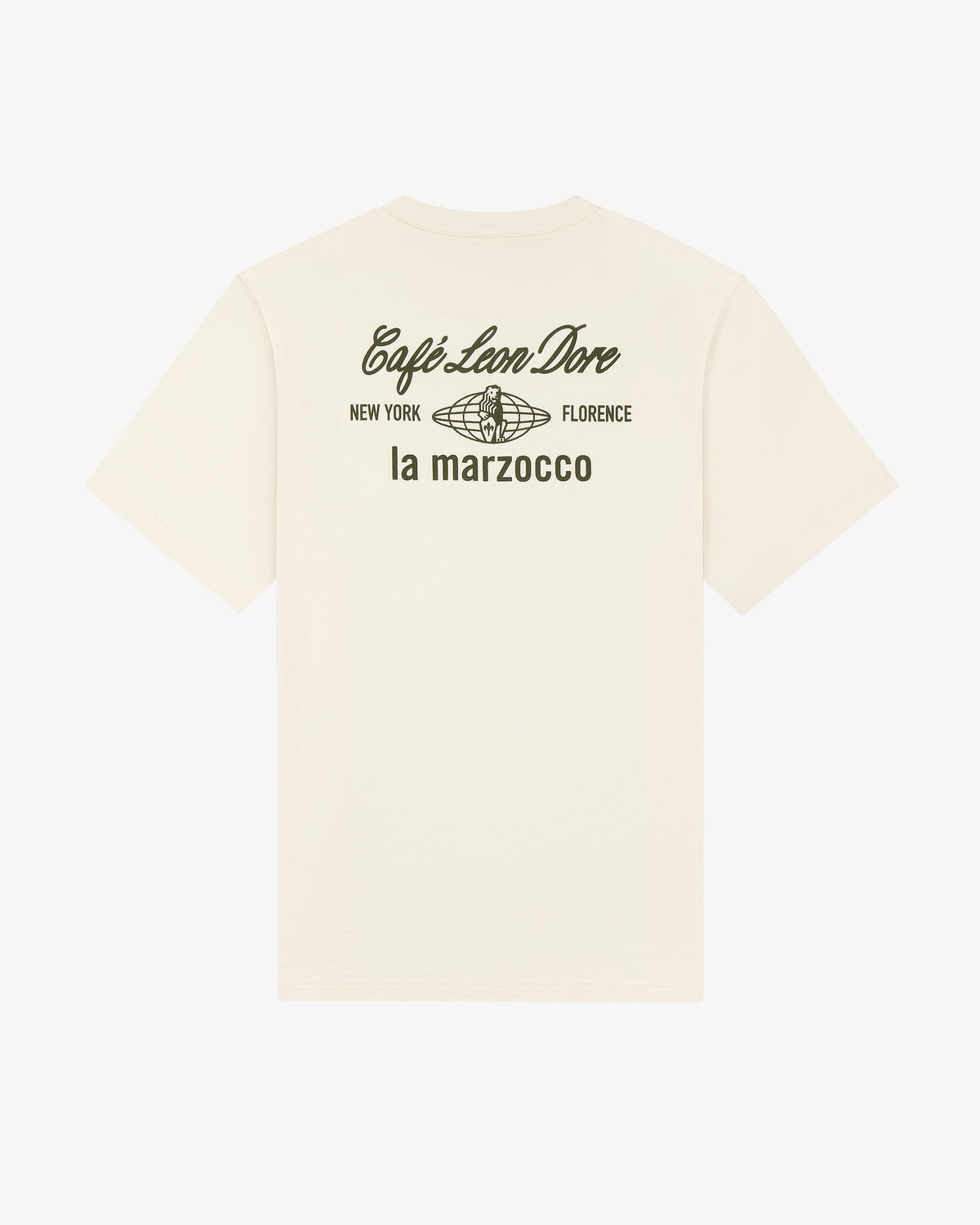 Back of Café Leon Dore / La Marzocco Tee: black text—New York, Florence, and globe graphic.
