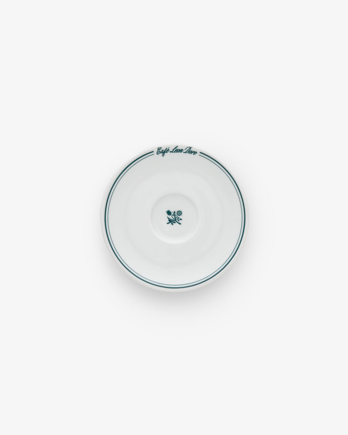 Café Leon Dore Espresso Cup & Saucer set: white with green border, floral design, and rim text on white background (set of 6).