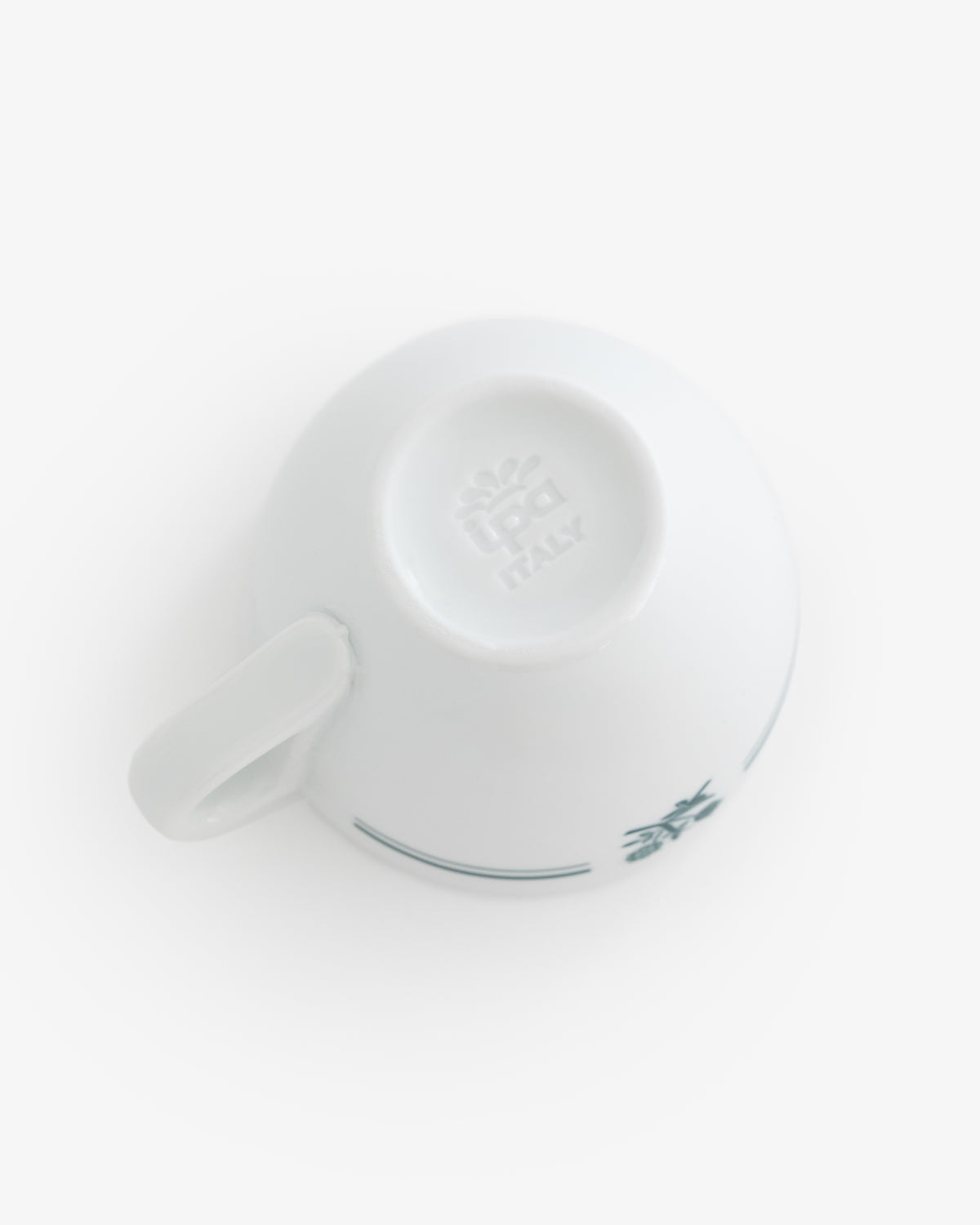 Café Leon Dore Espresso Cup upside down, Italy mark visible, small handle and blue design on side. Set of 6.