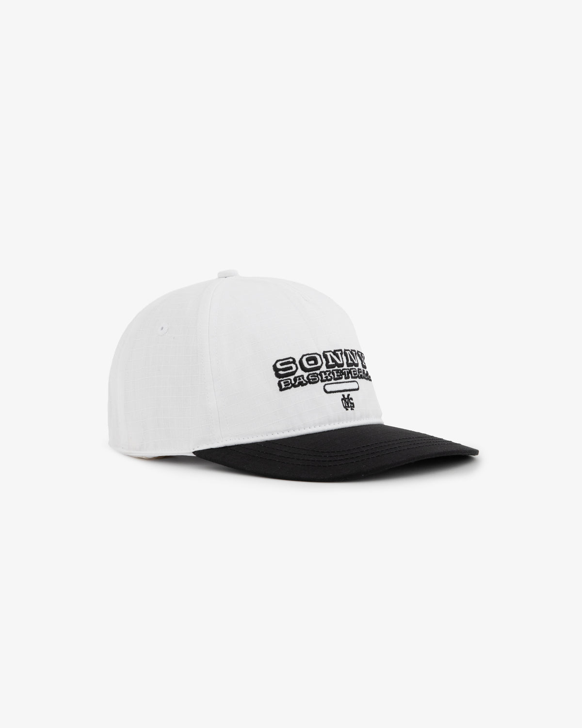 ALD / New Balance SONNY NY League Hat: white cap with black brim, SONIK PHARMACEUTICALS text embroidered front.