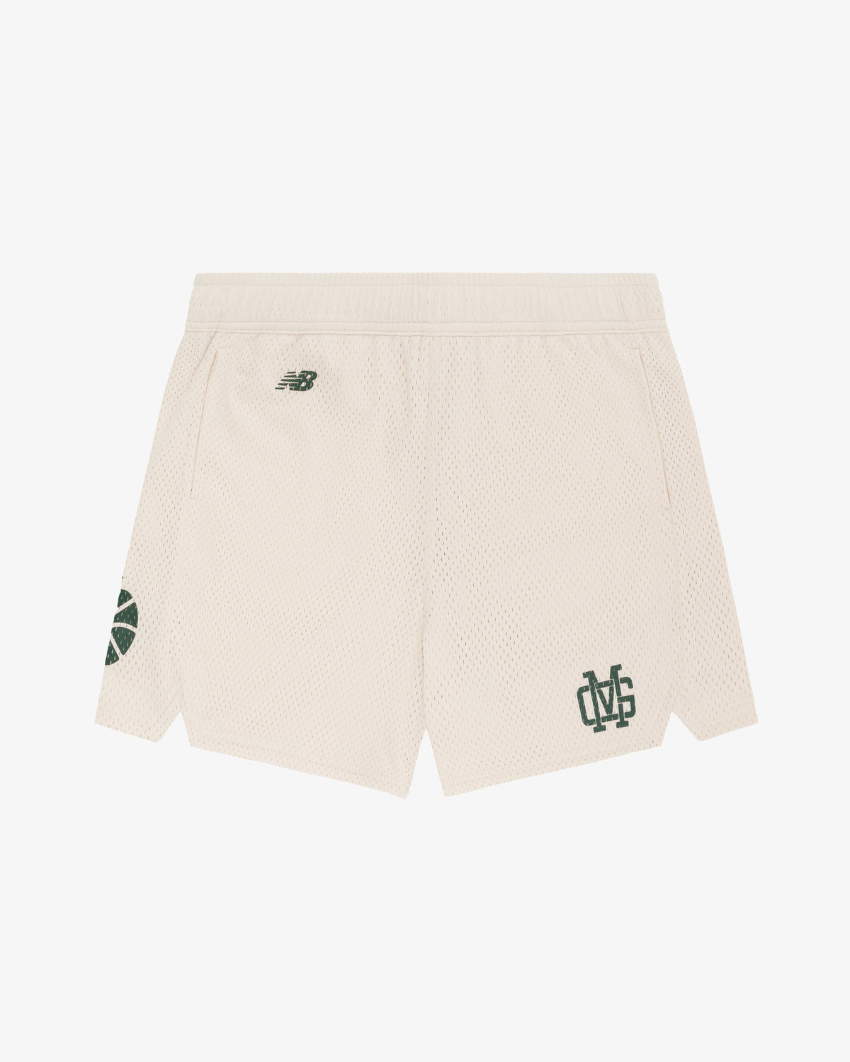 ALD / New Balance SONNY NY Gym Short: beige mesh, green logos, side pockets, and small leg slits.