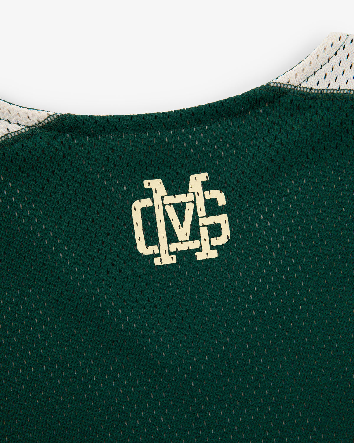 Close-up of an ALD / New Balance SONNY NY Reversible Jersey showing a cream DVS logo on the green mesh collar.
