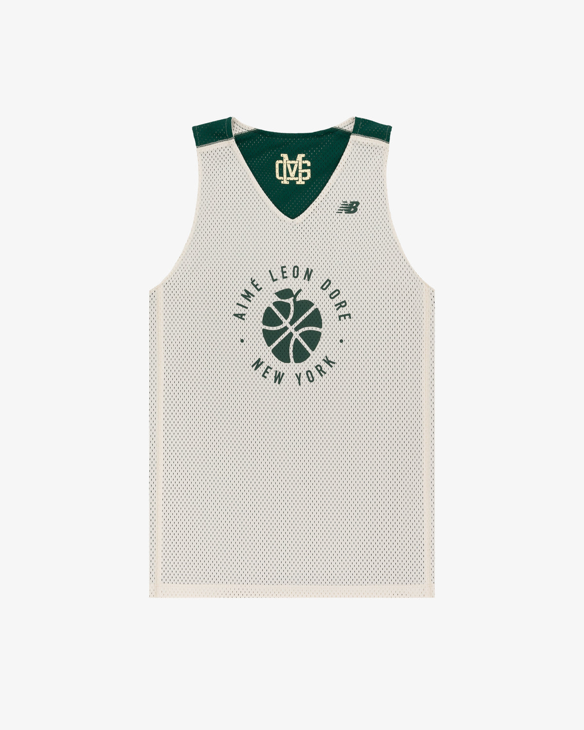 White mesh ALD / New Balance SONNY NY Reversible Jersey with green accents and New York basketball graphic on front.