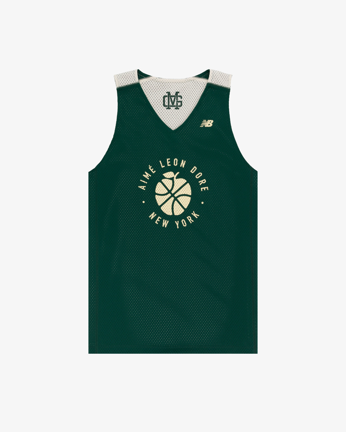 Green ALD/New Balance SONNY NY reversible jersey with yellow "Aime Leon Dore New York" and basketball graphic on front.