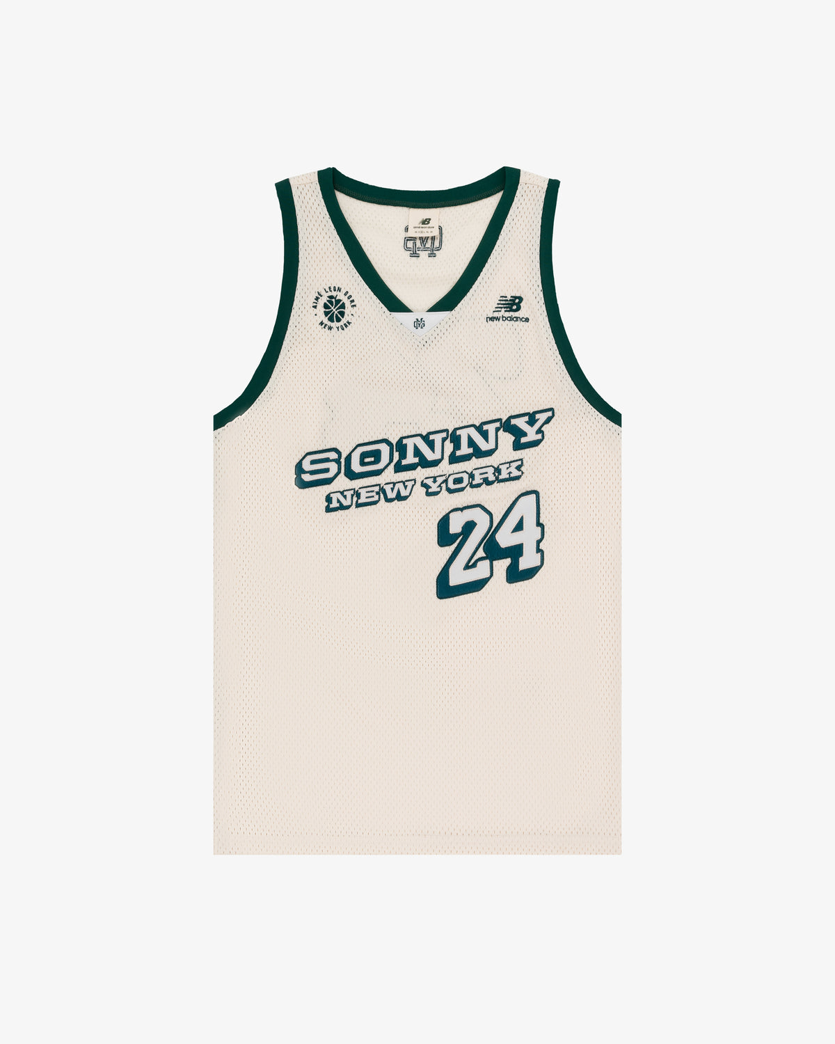 Cream ALD / New Balance SONNY NY IFTB Jersey with green trim and number 24 printed on the front in green.