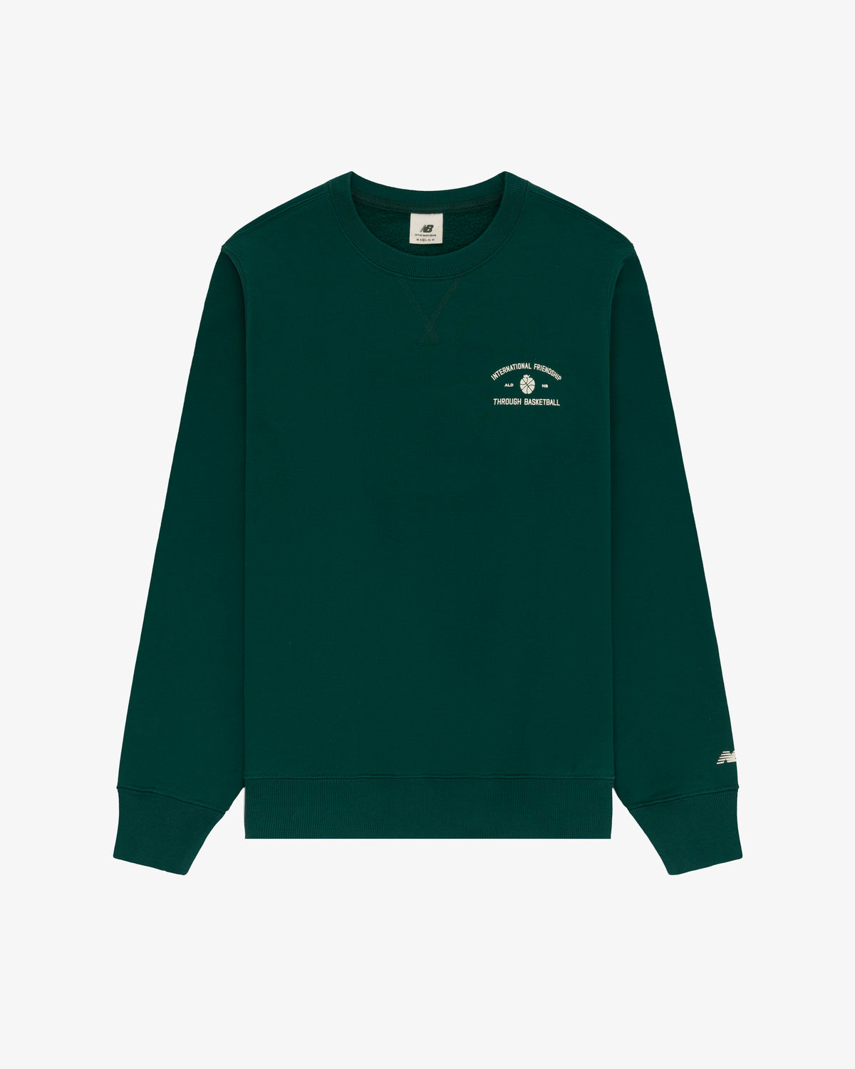 ALD / New Balance SONNY NY IFTB crewneck: dark green with small white graphic/text on left chest, shown on white.