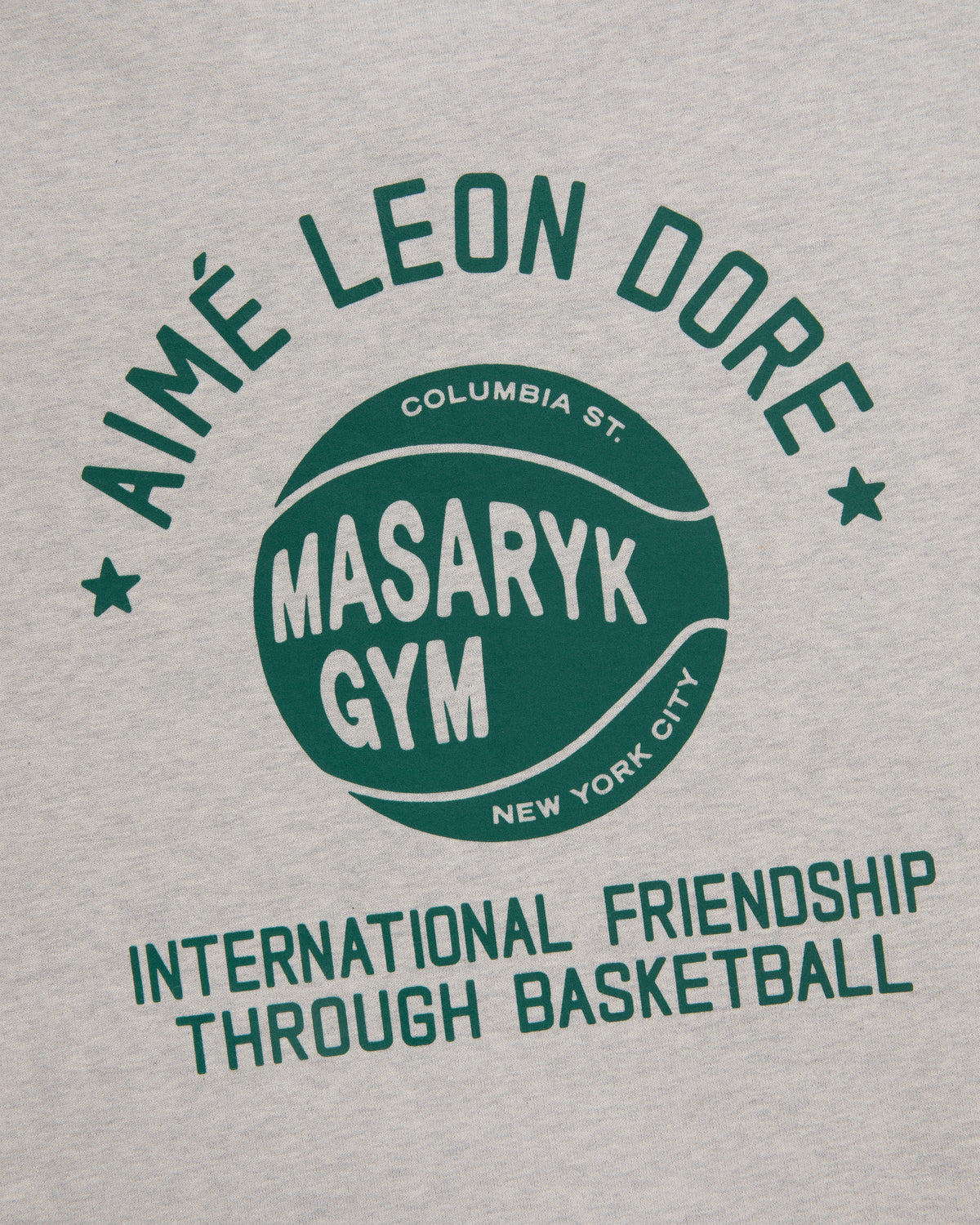 Gray ALD / New Balance SONNY NY IFTB crewneck with green text: AIMÉ LEON DORE, MASARYK GYM, INTERNATIONAL FRIENDSHIP.