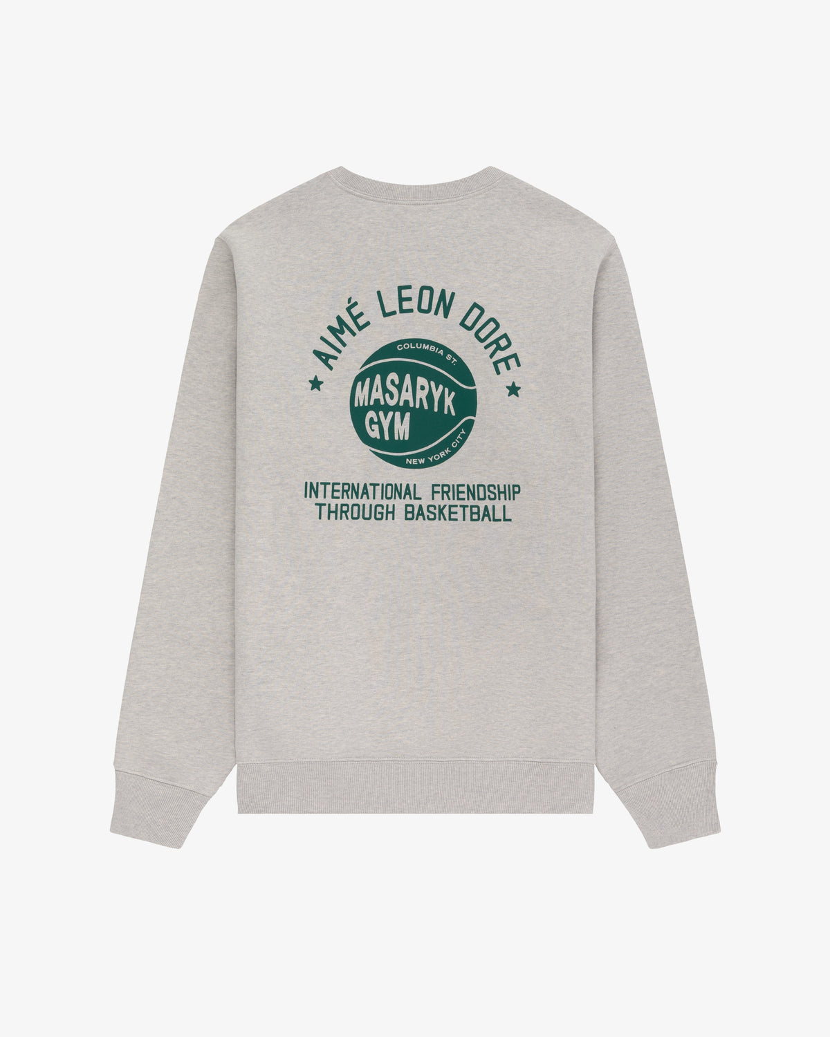 Gray ALD/New Balance SONNY NY IFTB crewneck sweatshirt with green AIME LEON DORE MASARYK GYM INTERNATIONAL FRIENDSHIP text.