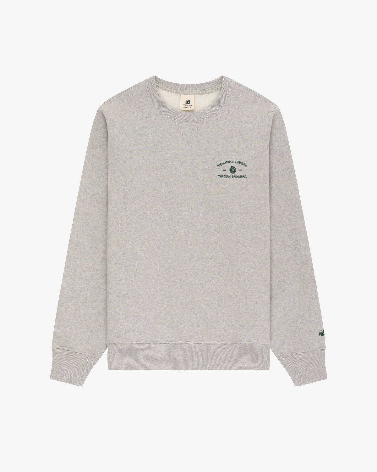 ALD / New Balance SONNY NY IFTB light gray crewneck with small green chest text/logo and left sleeve detail.