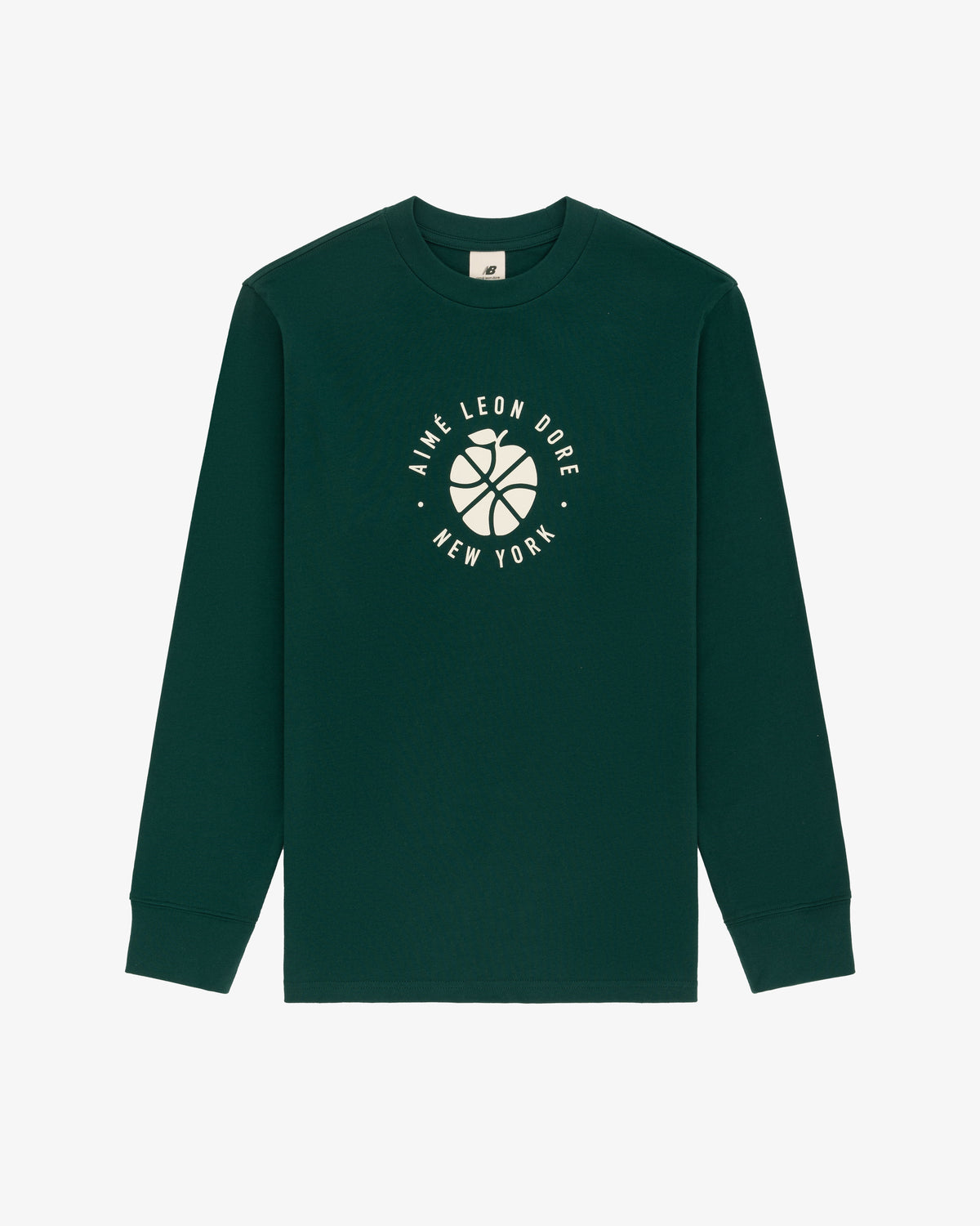 ALD / New Balance SONNY NY Long-Sleeve Tee in dark green with white "Aime Leon Dore New York" and basketball graphic.