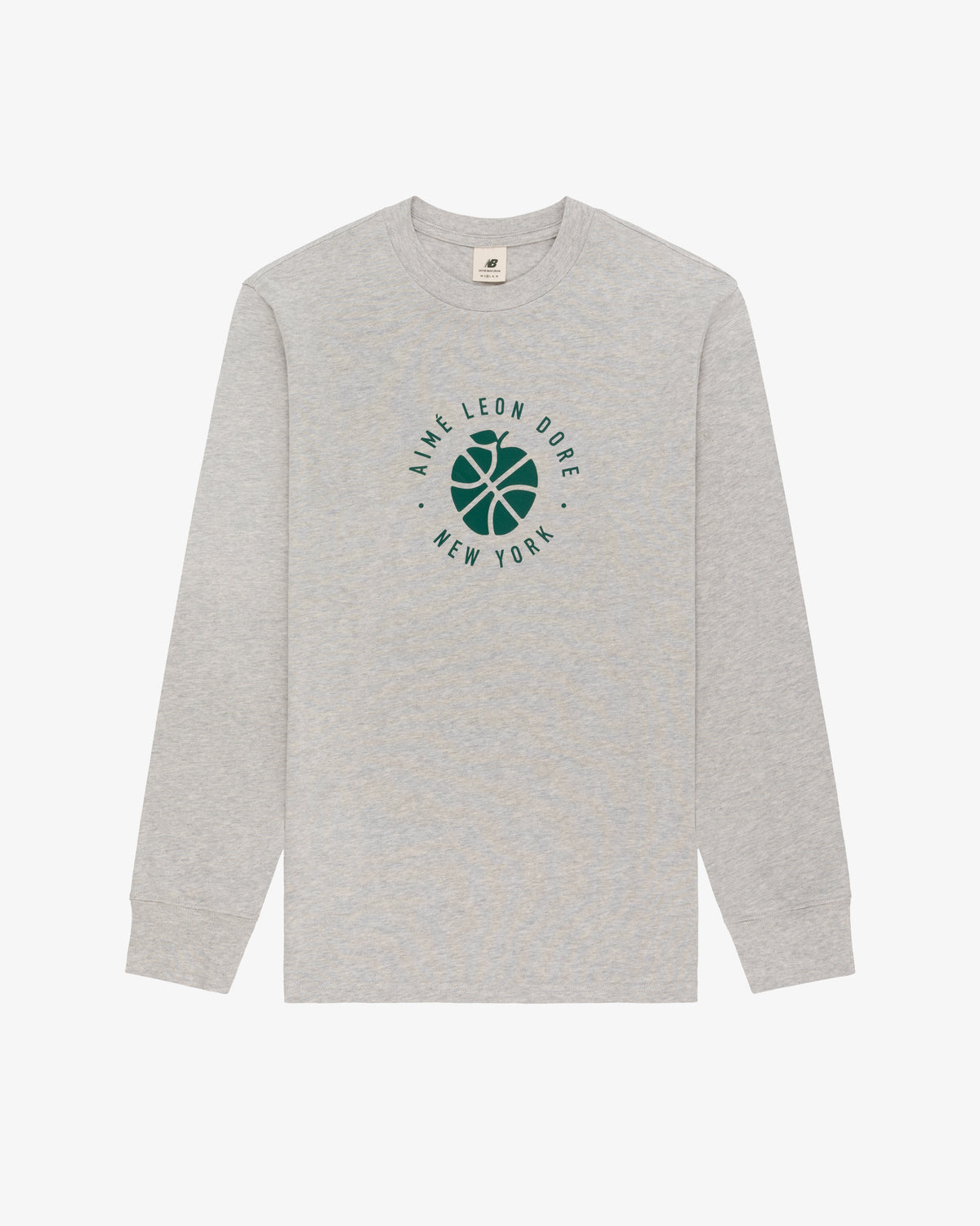 Light grey ALD / New Balance SONNY NY long-sleeve tee with green basketball logo and chest print.