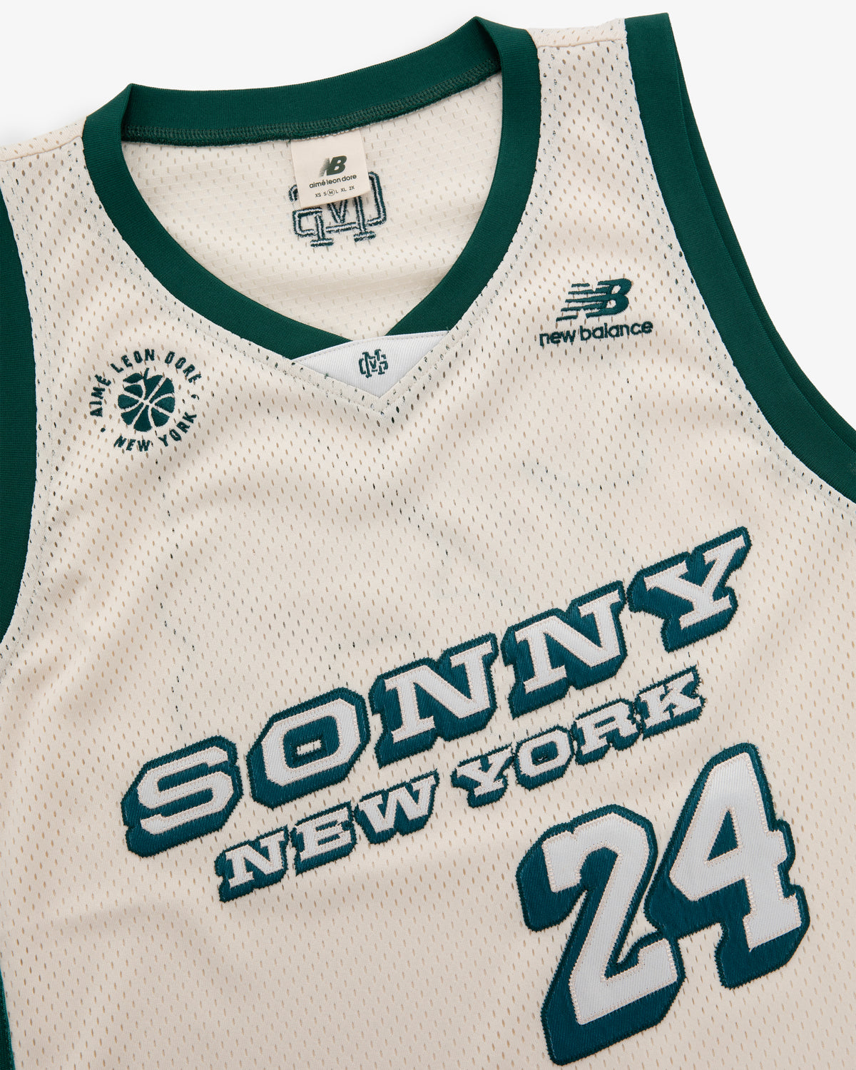 The ALD / New Balance SONNY NY IFTB Jersey is white with green trim, featuring SONNY NEW YORK and number 24 on front.