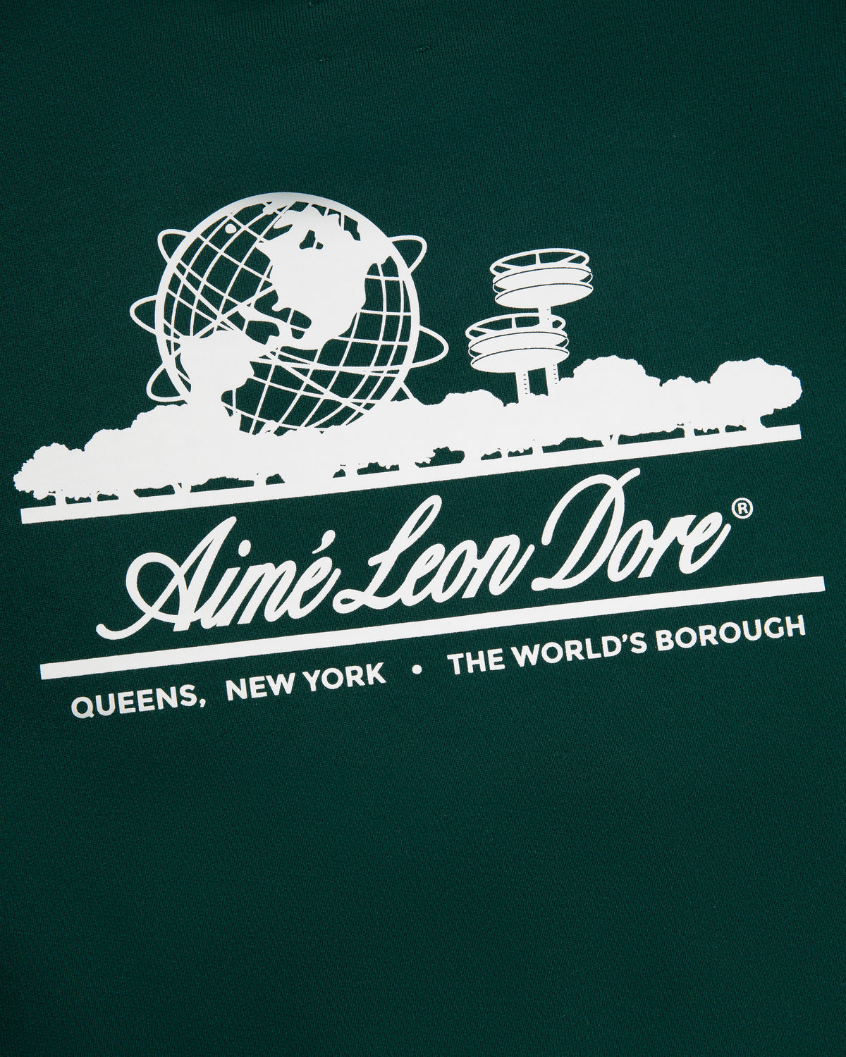 Green Unisphere Hoodie with white graphic of globe, trees, towers, and text: Aimé Leon Dore Queens New York The Worlds Borough.