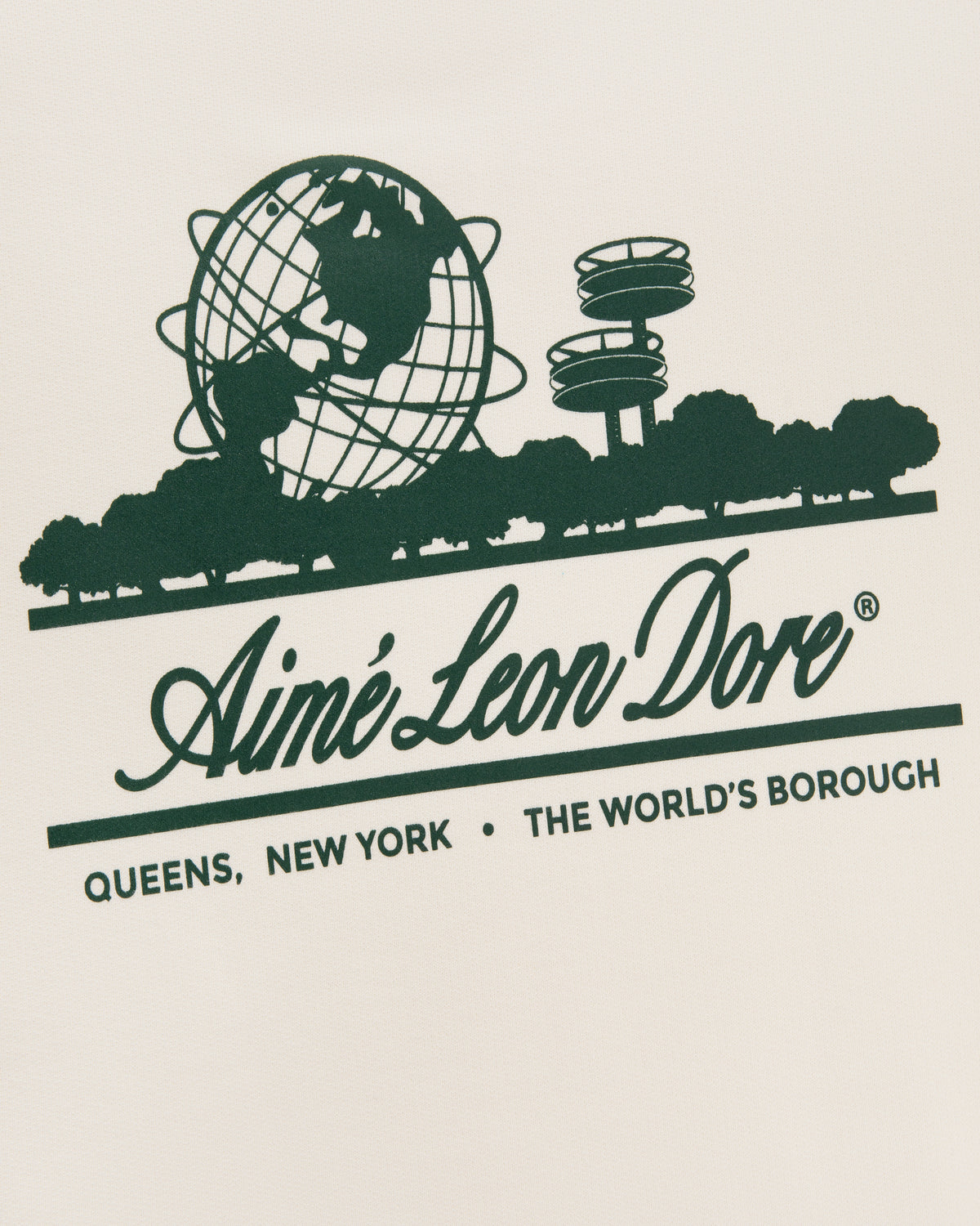 Green graphic of Queens landmarks, Aimé Leon Dore logo, and "Queens, New York" on white Unisphere Hoodie.