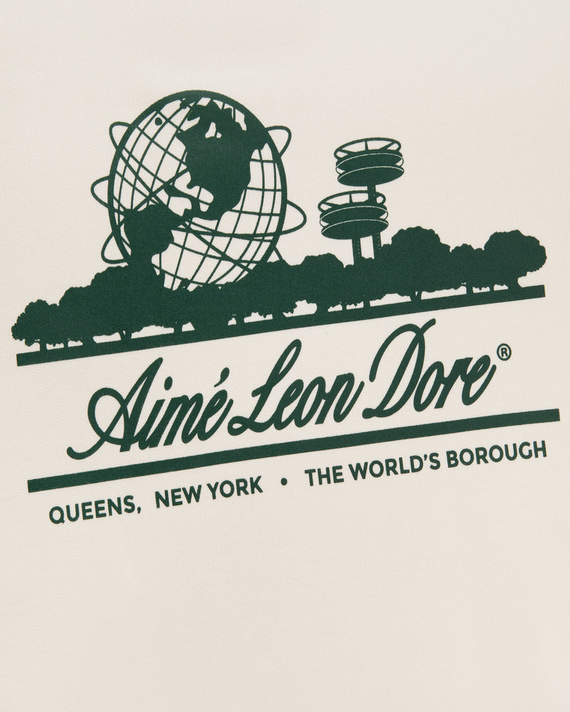 Green graphic of Queens landmarks, Aimé Leon Dore logo, and "Queens, New York" on white Unisphere Hoodie.