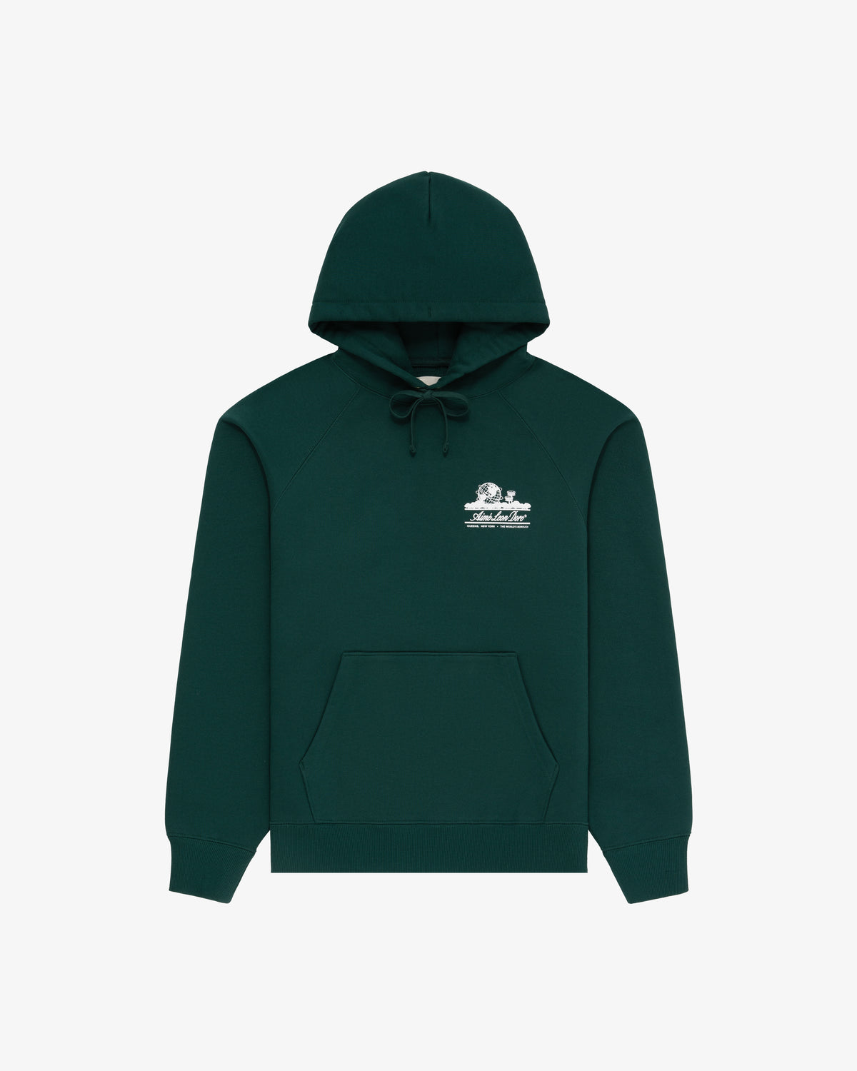 Unisphere Hoodie in dark green with hood, front pocket, and small left-chest graphic, shown on white background.