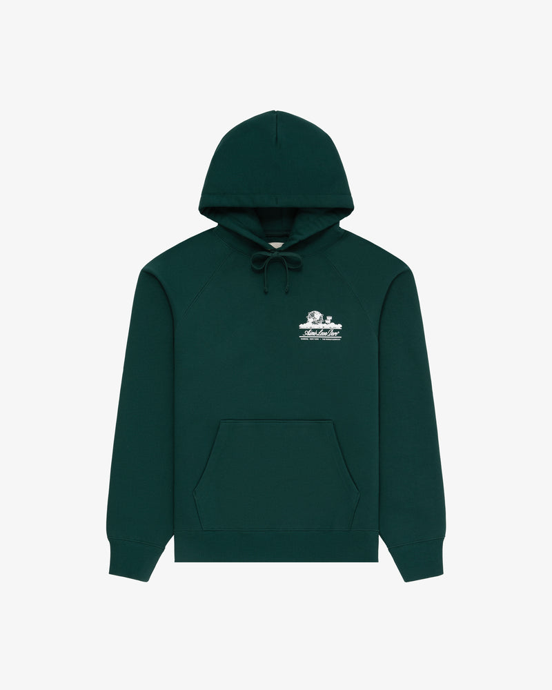 Unisphere Hoodie in dark green with hood, front pocket, and small left-chest graphic, shown on white background.