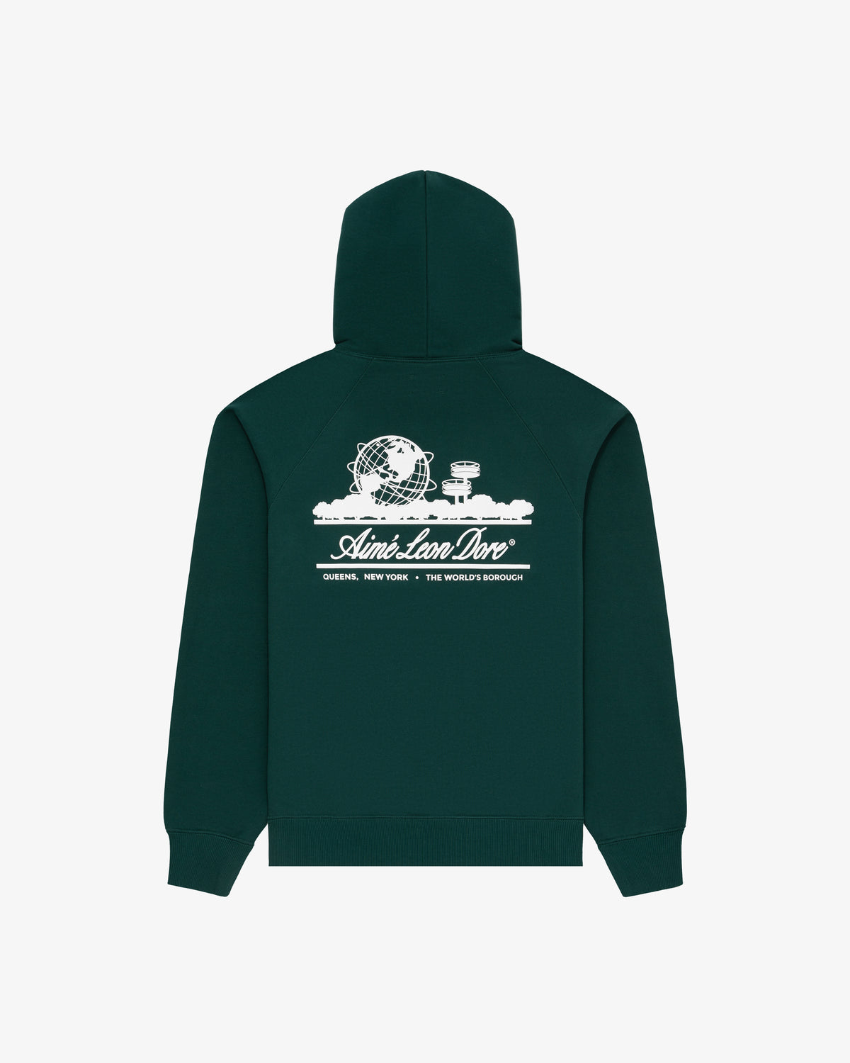 Unisphere Hoodie: Dark green with white Unisphere & NYC graphic, Aimé Leon Dore branding, and back text.