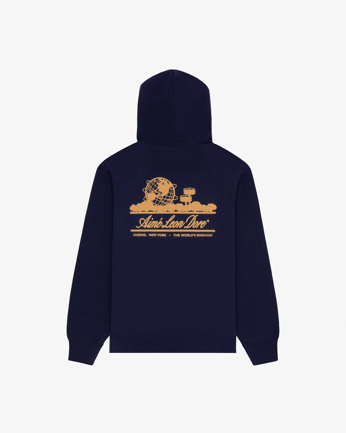Navy Unisphere Hoodie with yellow graphic and Aimé Leon Dore, Queens, New York, Worlds Borough text on back.