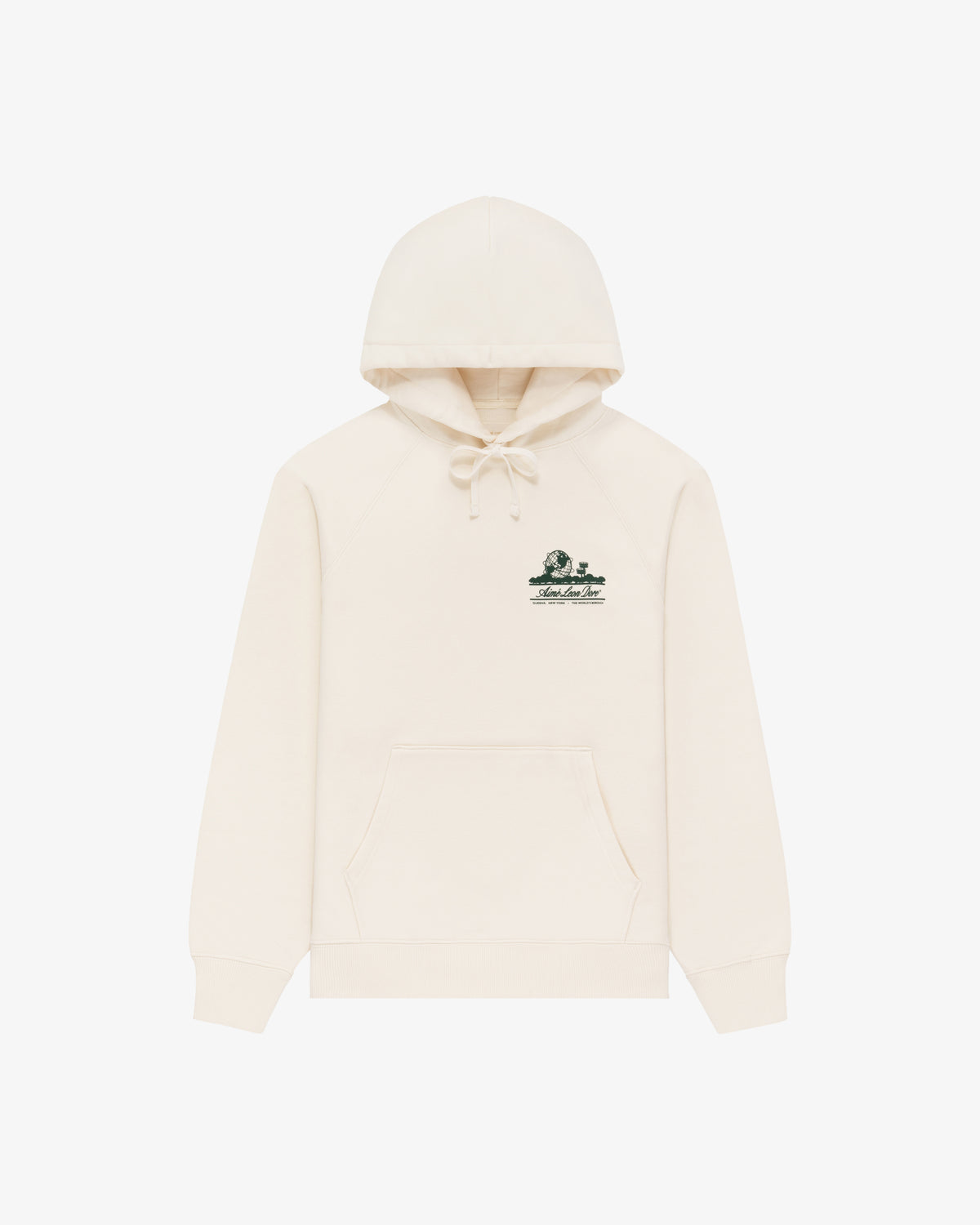 Unisphere Hoodie in beige with front pocket, small green graphic, and text on the left chest.