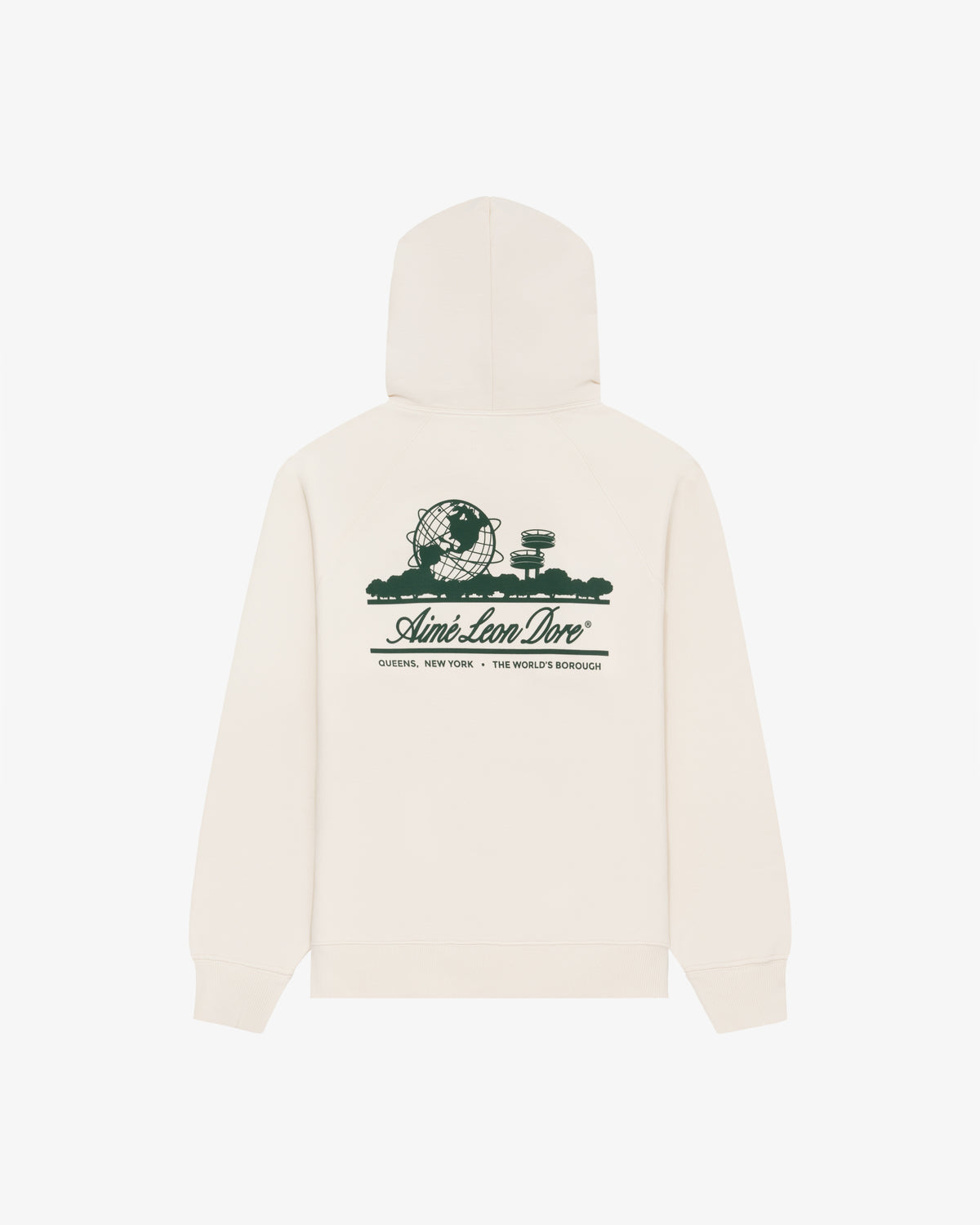 Cream Unisphere Hoodie with dark green Unisphere graphic and "Aimé Leon Dore - QUEENS, NEW YORK - THE WORLDS BOROUGH" on the back.