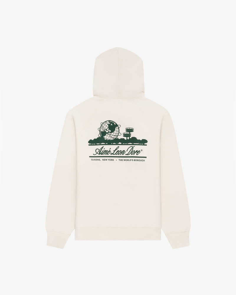 Cream Unisphere Hoodie with dark green Unisphere graphic and "Aimé Leon Dore - QUEENS, NEW YORK - THE WORLDS BOROUGH" on the back.