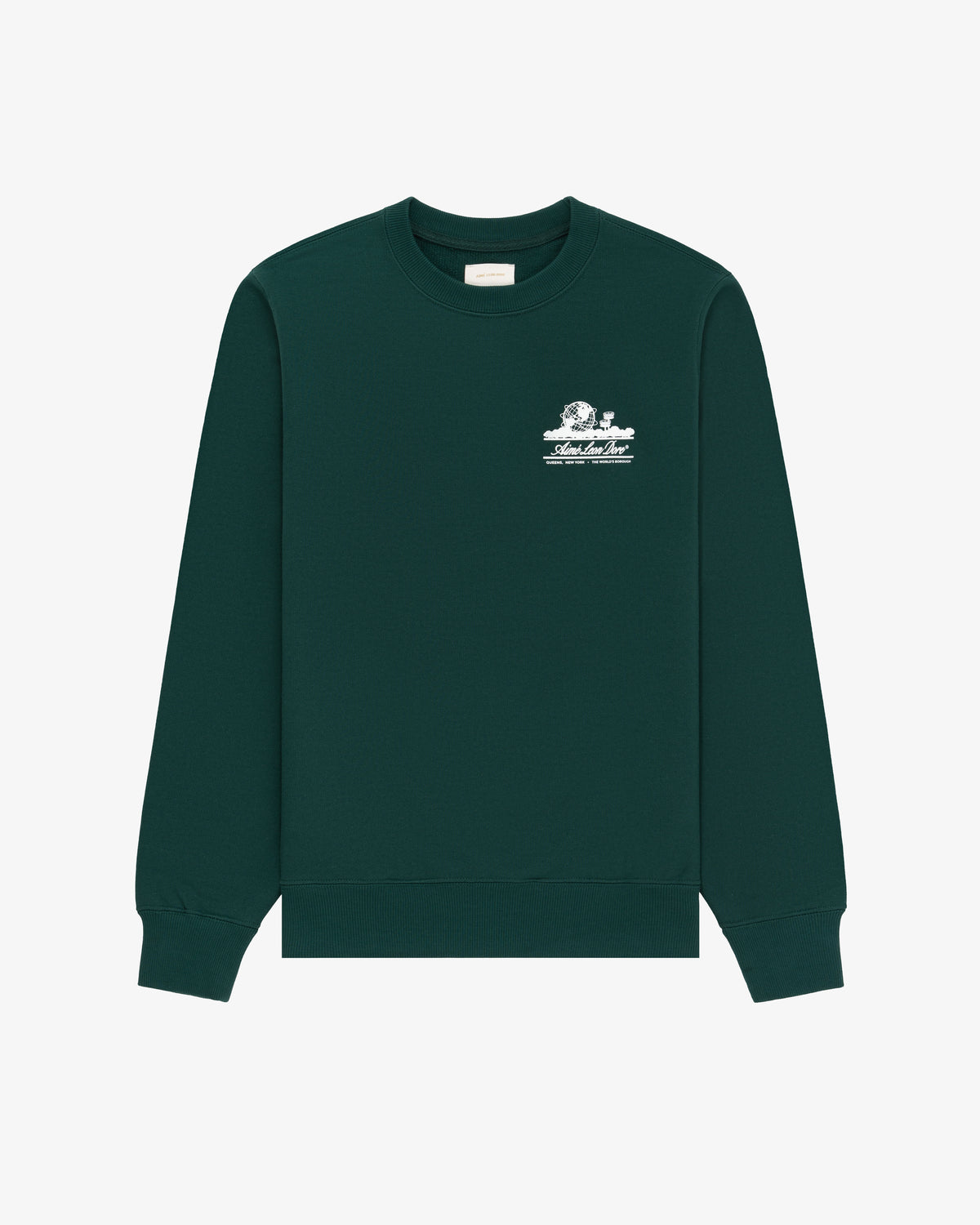 Unisphere Crewneck Sweatshirt in dark green with a small white graphic and text on the left chest, shown on white.