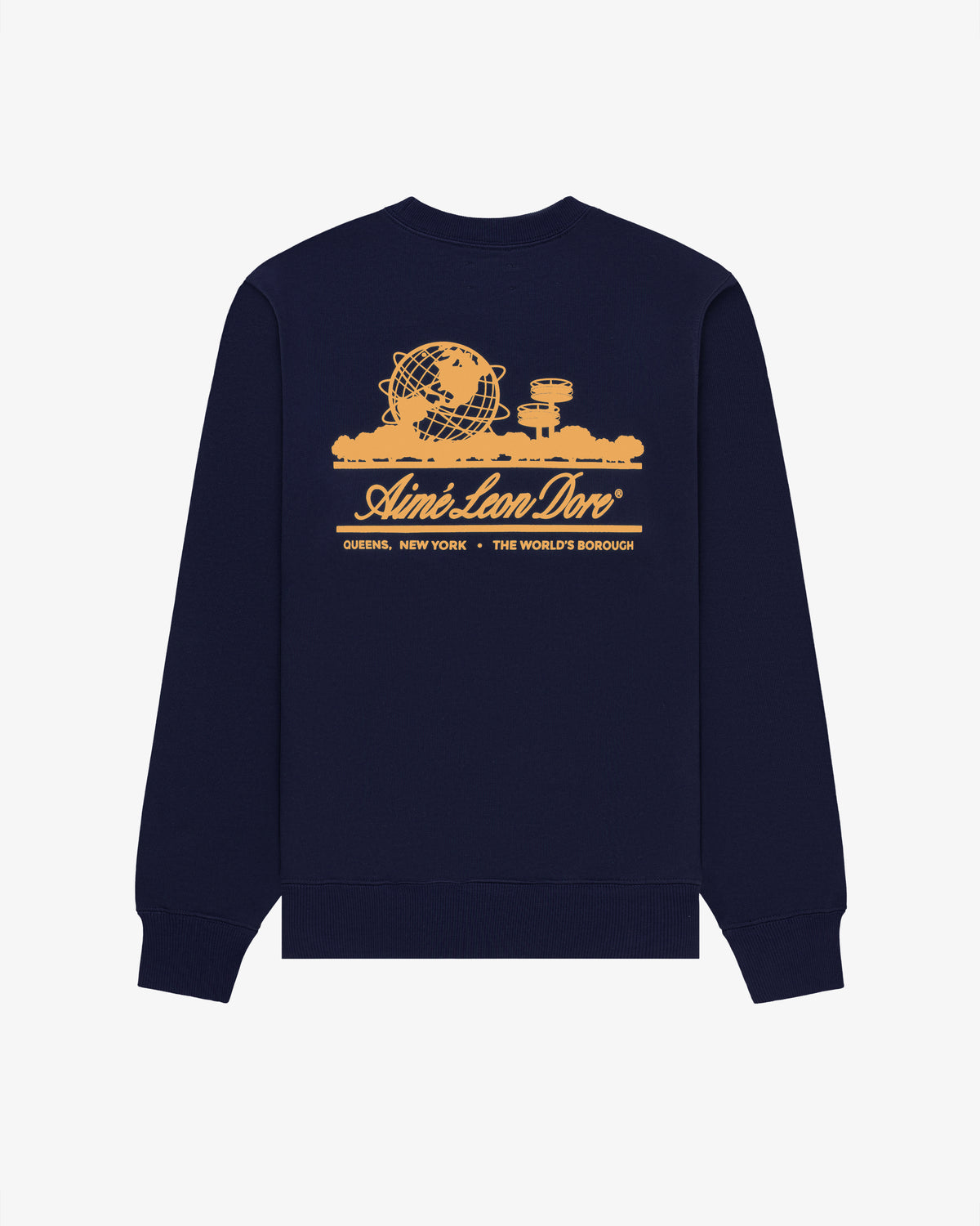Unisphere Crewneck Sweatshirt: navy with yellow Unisphere graphic, “Aimé Leon Dore” text, and Queens, NY details on back.