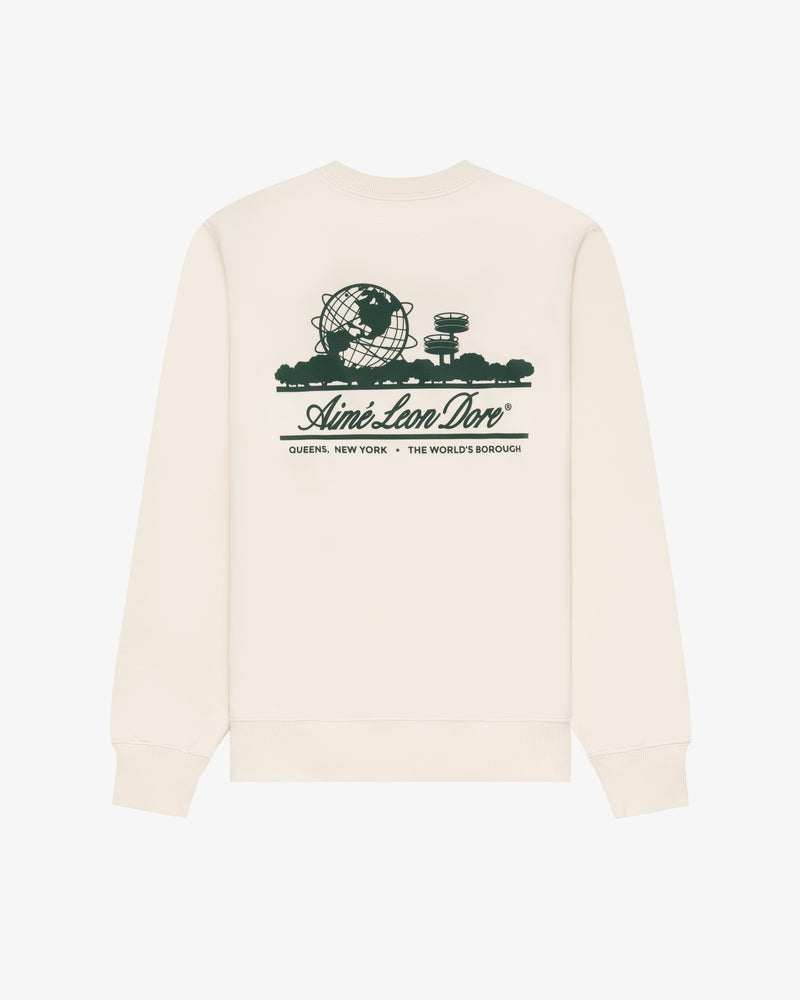 Unisphere Crewneck Sweatshirt in beige with dark green NYC landmarks and "The World's Borough" graphic by Aimé Leon Dore.