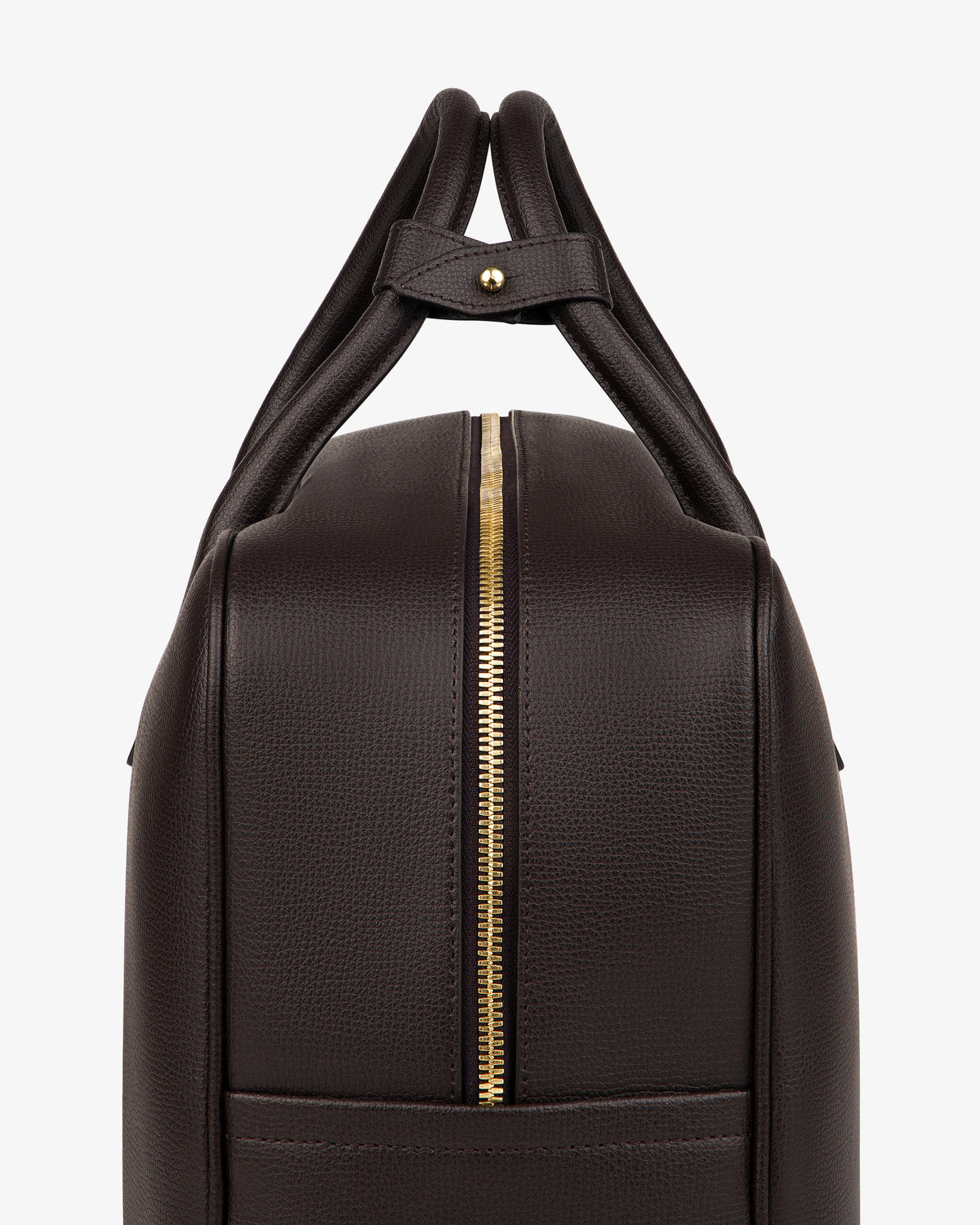 Side view of the Full Grain Leather Briefcase Duffle in dark brown with gold zipper and two handles, on white background.
