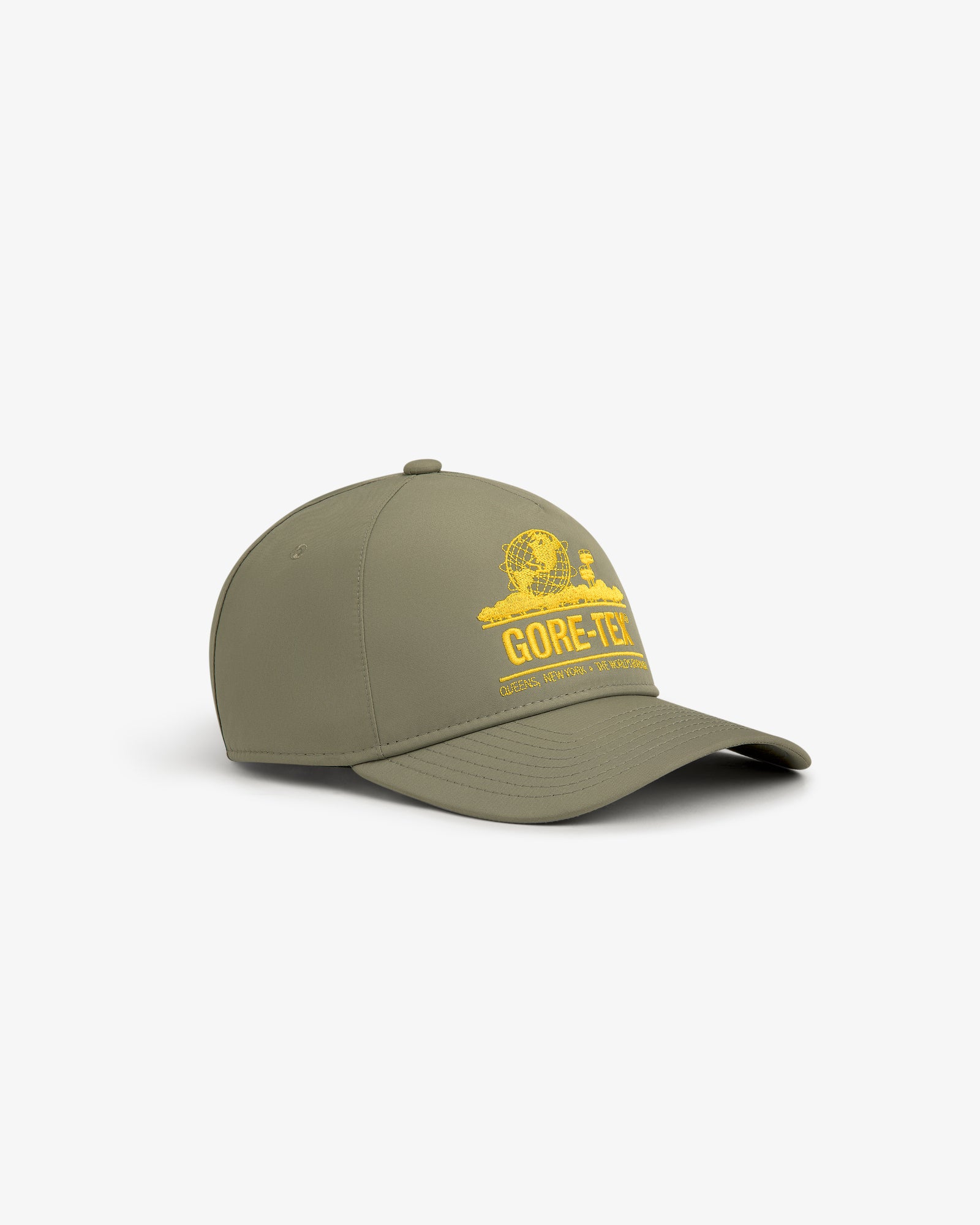 Olive green GORE-TEX Unisphere Hat with yellow logo and front graphic, displayed on a white background.