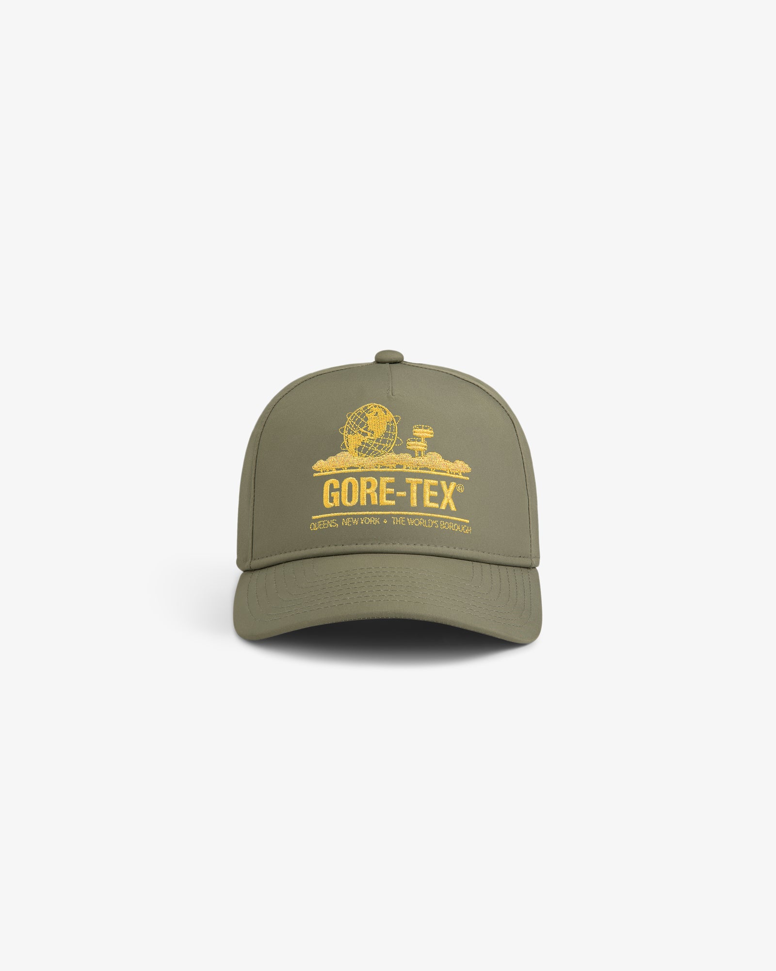 GORE-TEX Unisphere Hat in olive green with a yellow graphic and “GORE-TEX” text on the front.