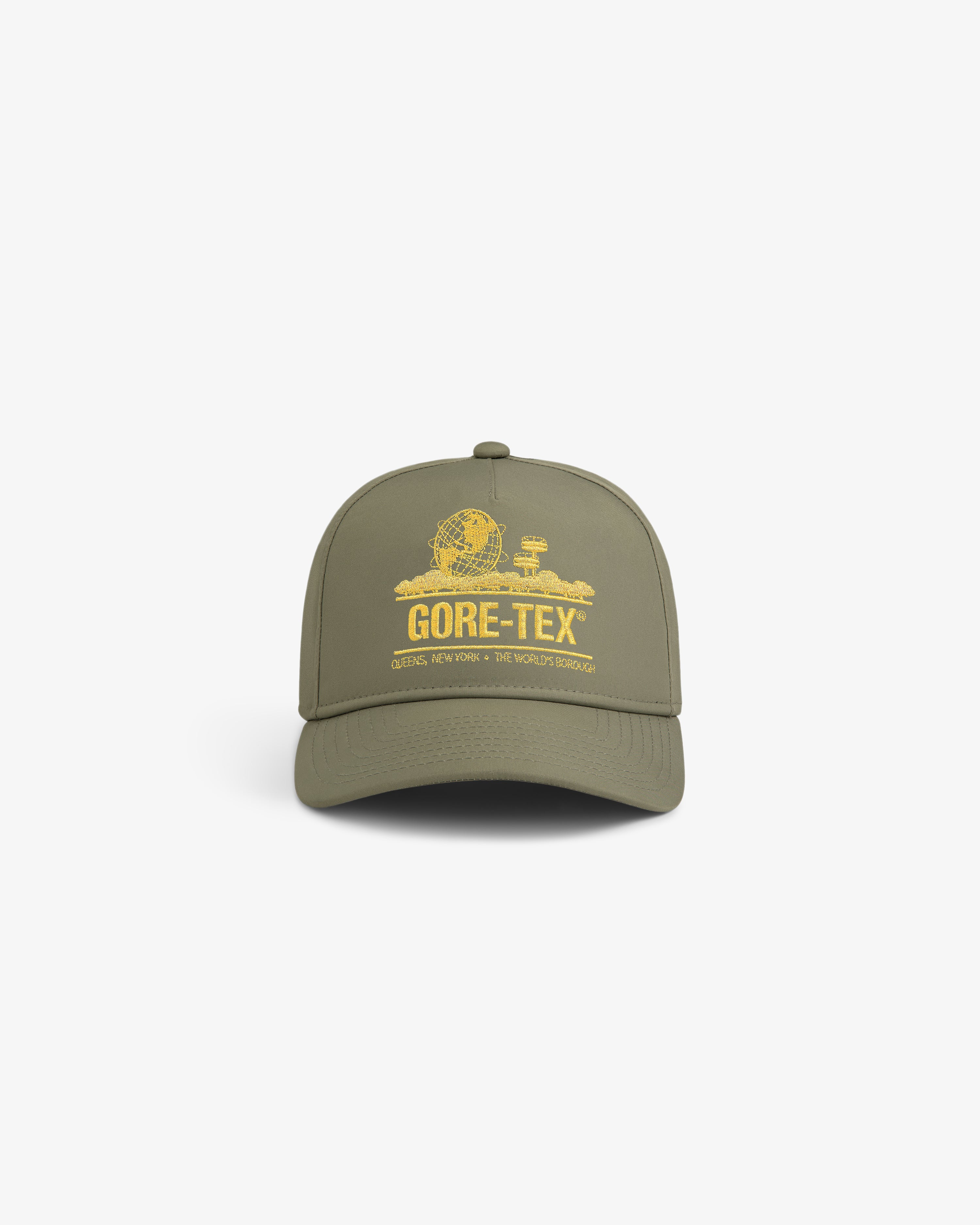 GORE-TEX Unisphere Hat in olive green with a yellow graphic and “GORE-TEX” text on the front.